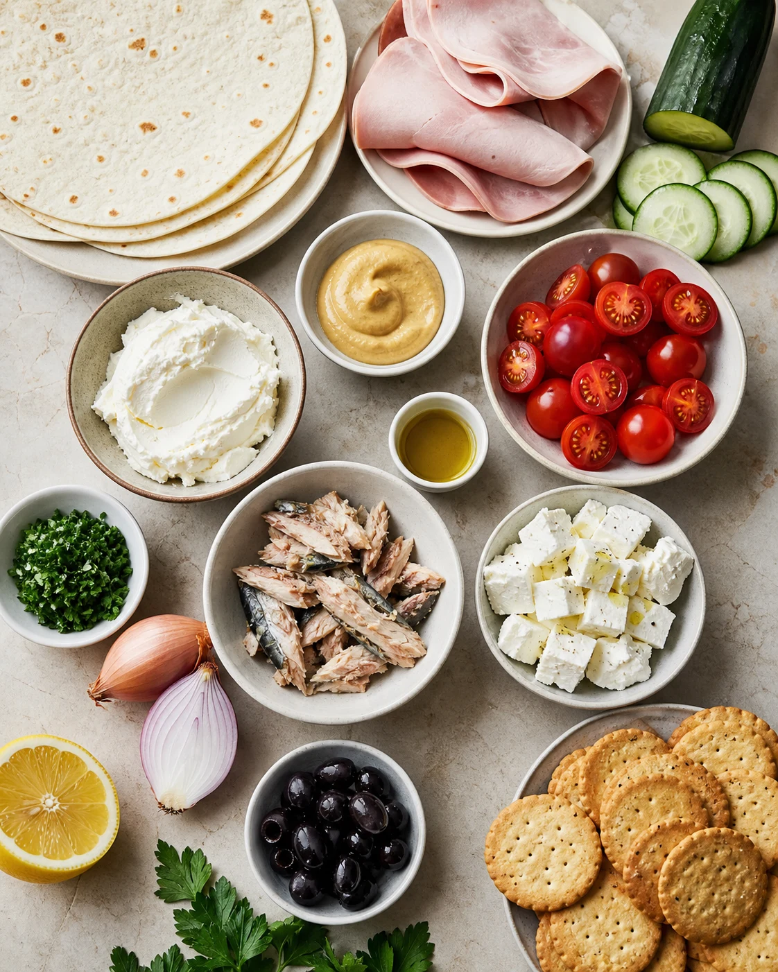 Ingrédients pour apéro dînatoire froid avec maquereau, fromage frais, tortillas, jambon, concombre, tomates cerises, feta, olives et citron sur plan de travail clair