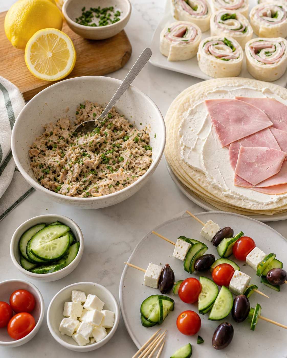 Préparation d’un apéro froid avec rillettes de maquereau dans un bol, tortillas en cours de roulage et brochettes fraîches sur plateau