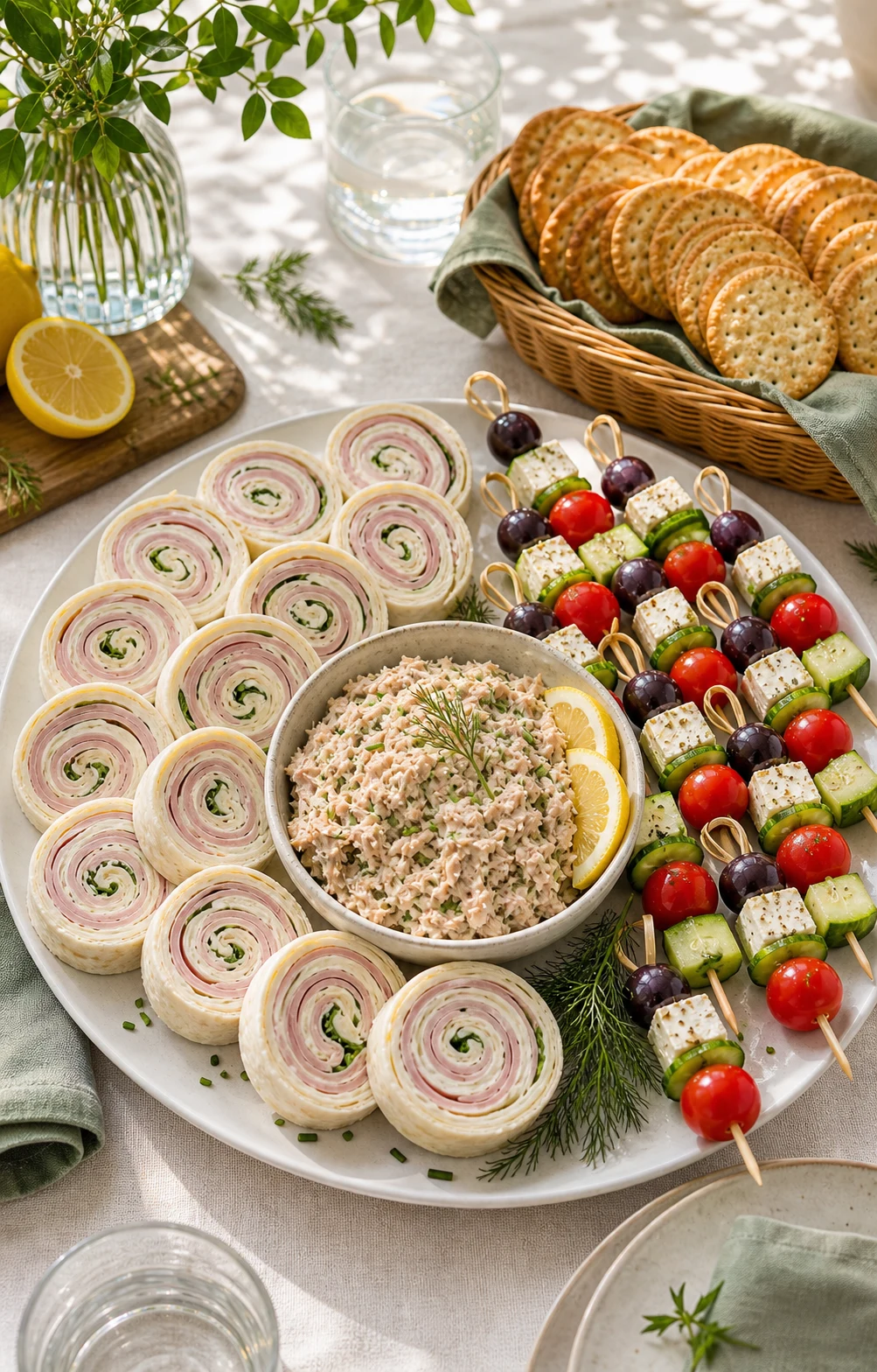 Grand plateau d’apéro dînatoire froid servi avec bouchées variées, bol de rillettes et crackers sur table lumineuse
