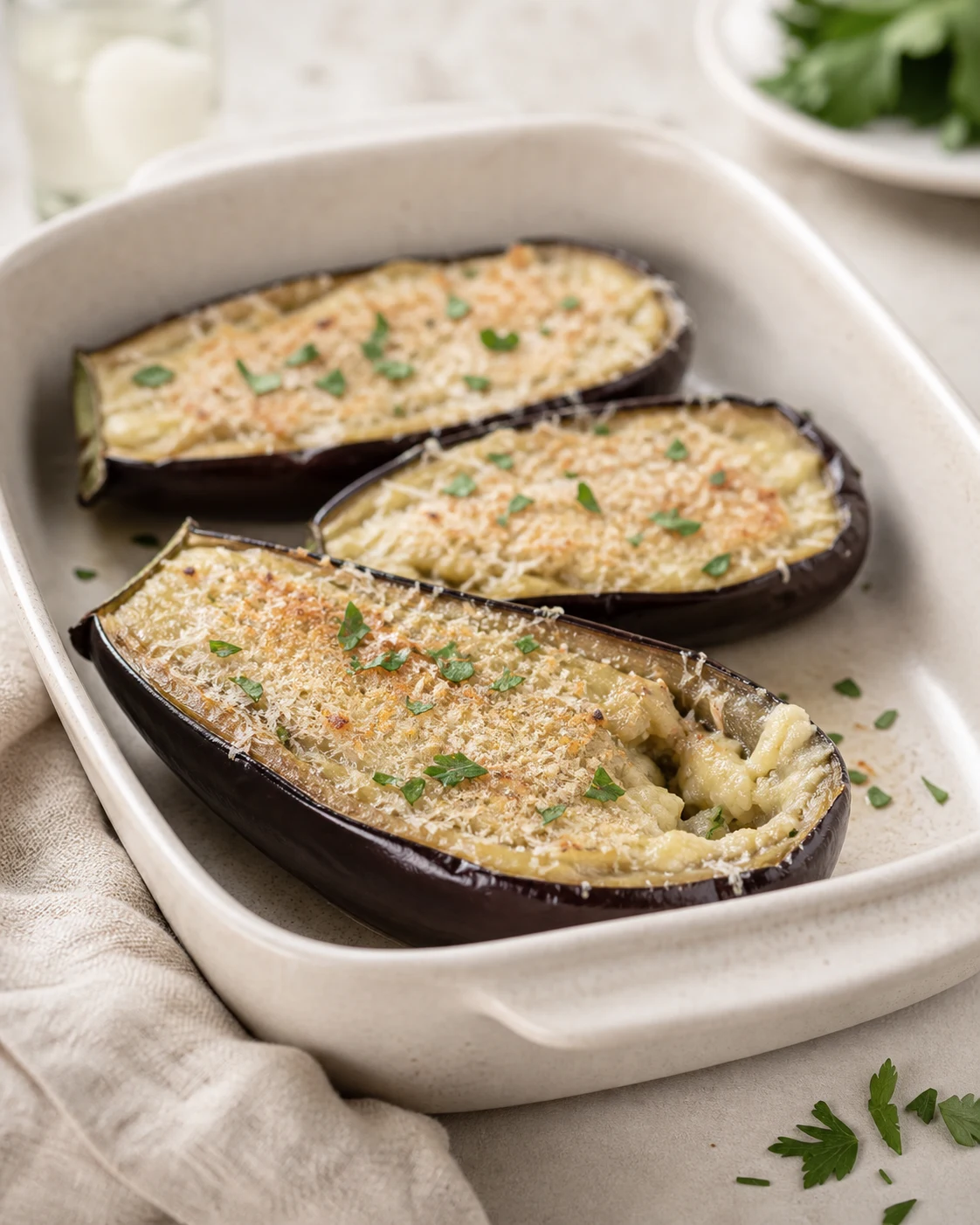 Demi-aubergines rôties au four avec parmesan doré, chair fondante visible et herbes fraîches