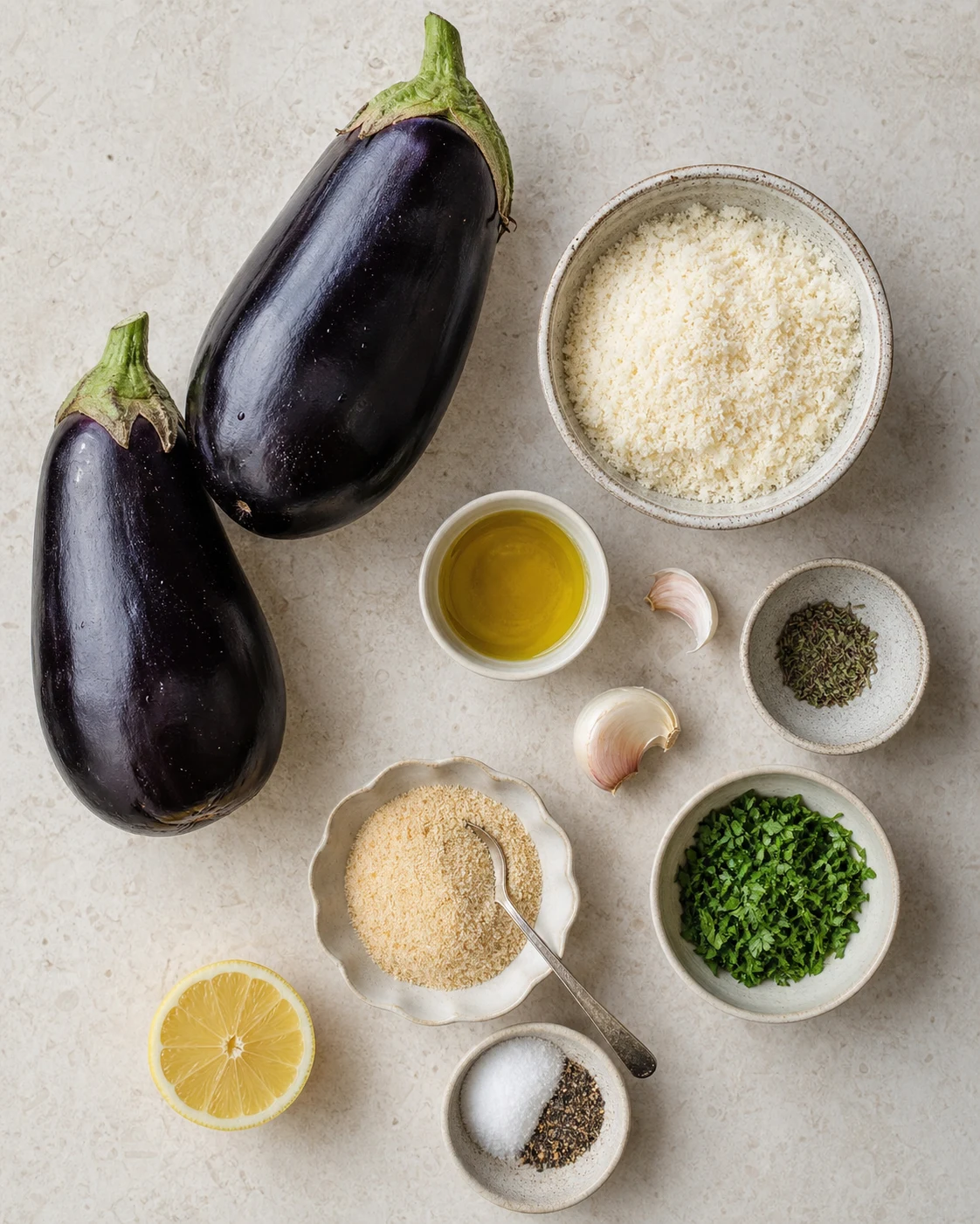 Ingrédients pour aubergines au four parmesan avec aubergines, huile d’olive, ail, parmesan, chapelure, thym, persil et citron