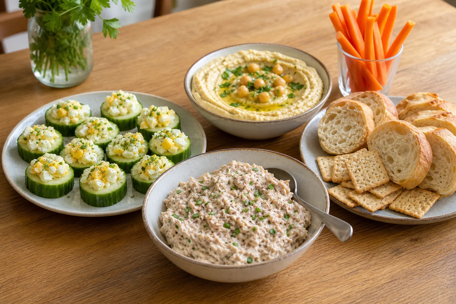 Trois préparations d’apéro froid avec tartinade de thon, dip de pois chiches et bouchées de concombre aux œufs