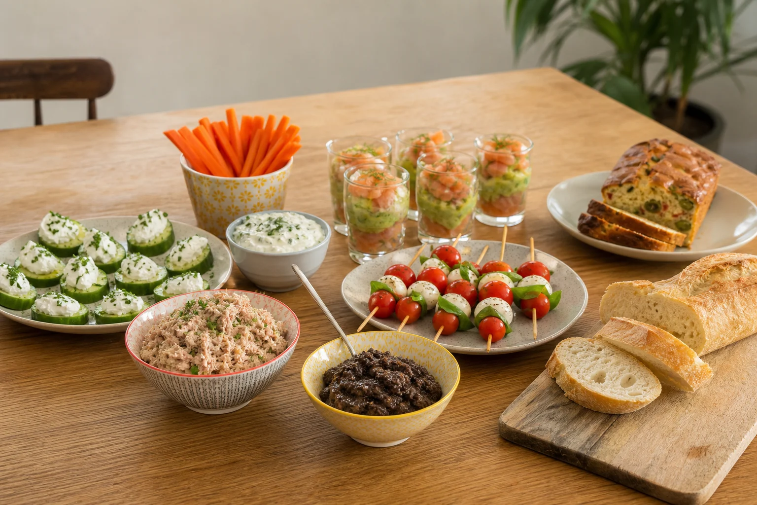 Table d’apéro froid avec rillettes de thon, crudités, brochettes tomate mozzarella, pain, cake salé et dip aux herbes