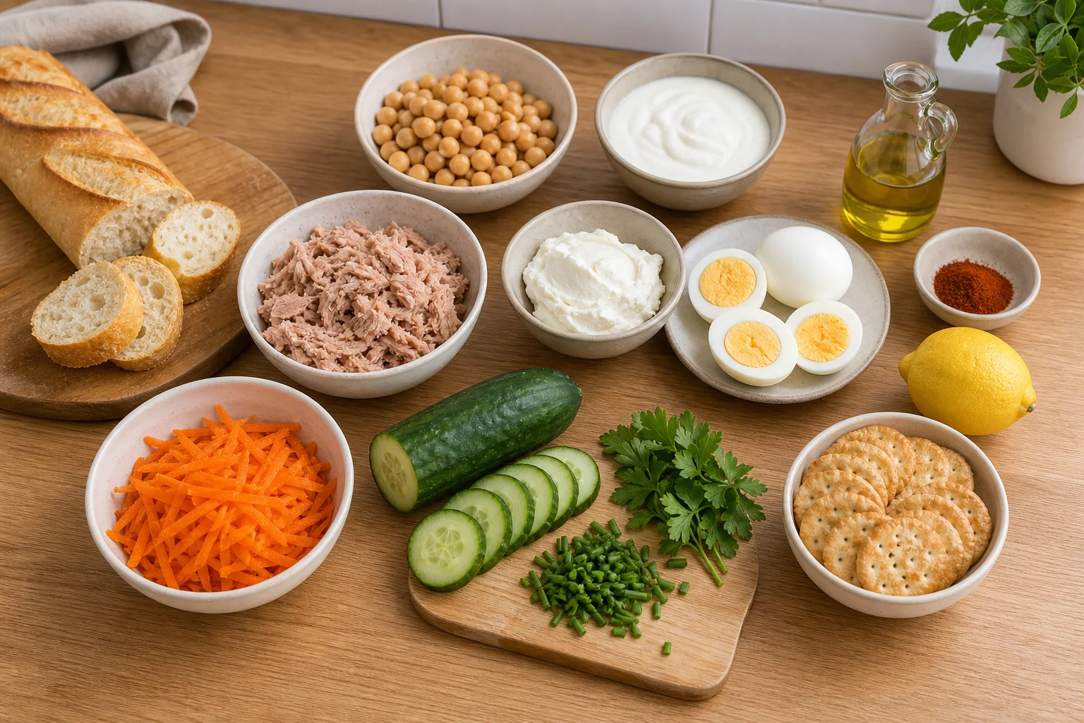 Ingrédients simples pour un apéro froid pas cher avec thon, pois chiches, œufs, crudités, fromage frais et pain