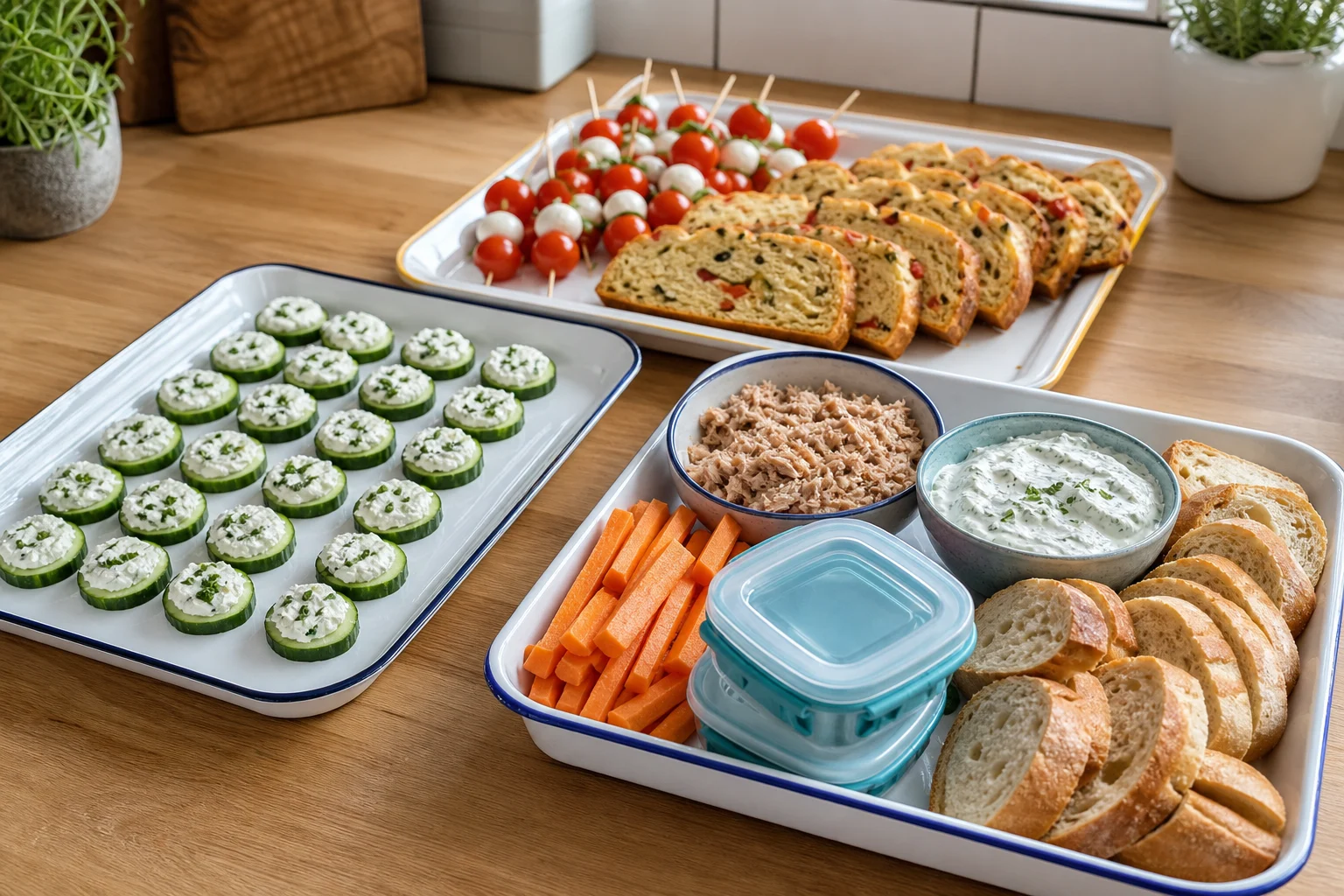 Préparation à l’avance d’un apéro froid avec dips, crudités séparées, pain et plateaux prêts à servir