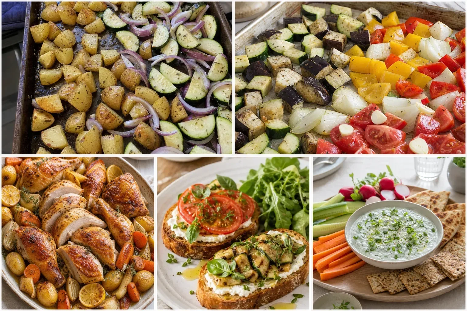 Légumes rôtis, poulet, tartines et sauce séparée pour préparer des bases de batch cooking