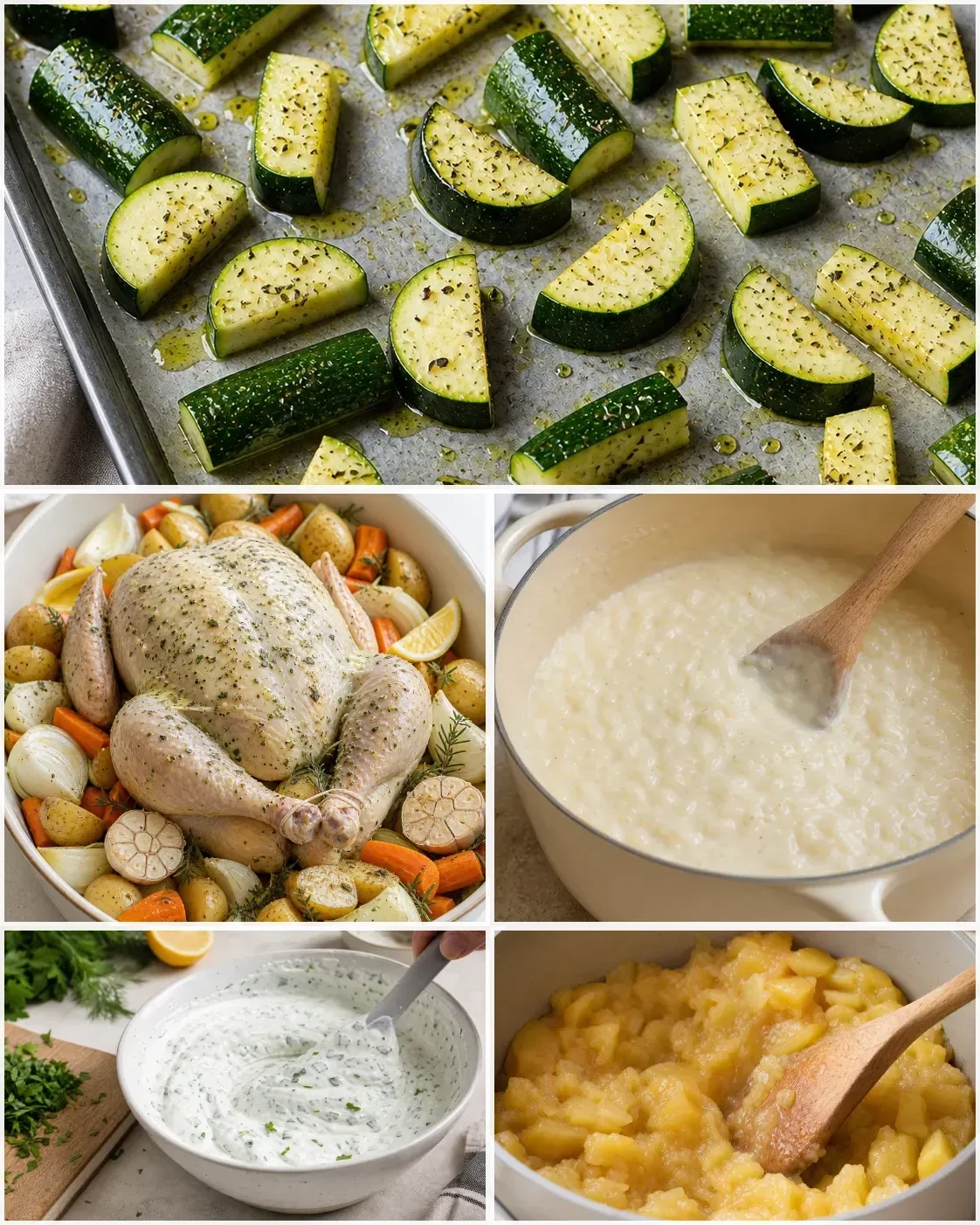 Plan de travail avec légumes, poulet, sauce, compote et bases simples pour débuter le batch cooking