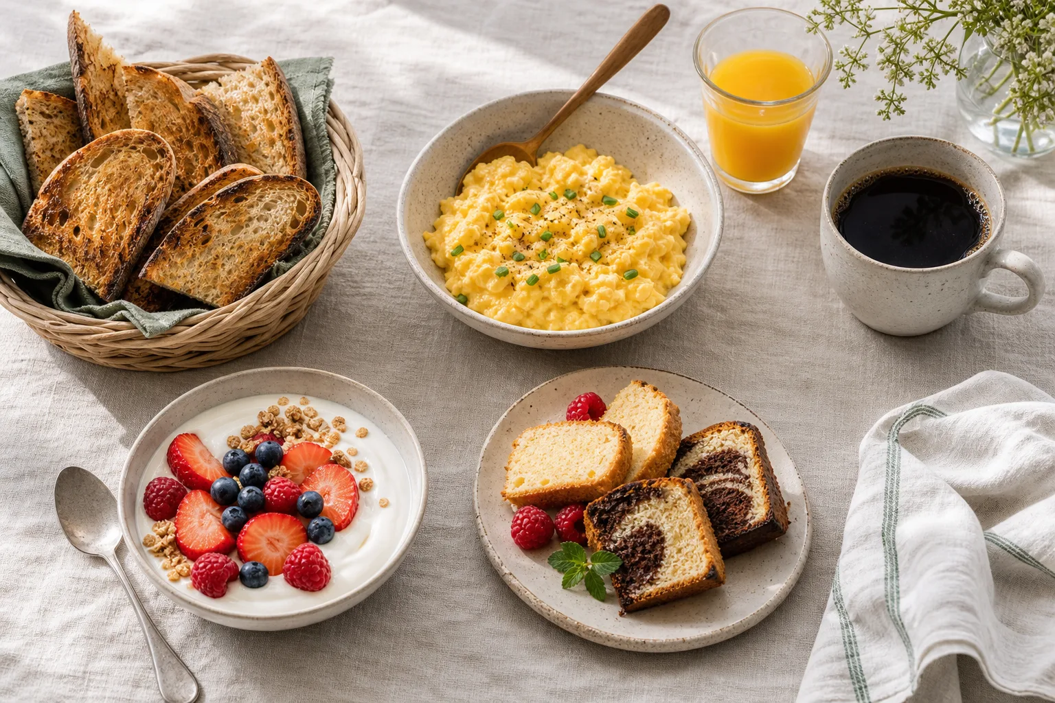 Pain grillé, œufs brouillés, yaourt aux fruits, cake, café et jus pour composer un brunch maison