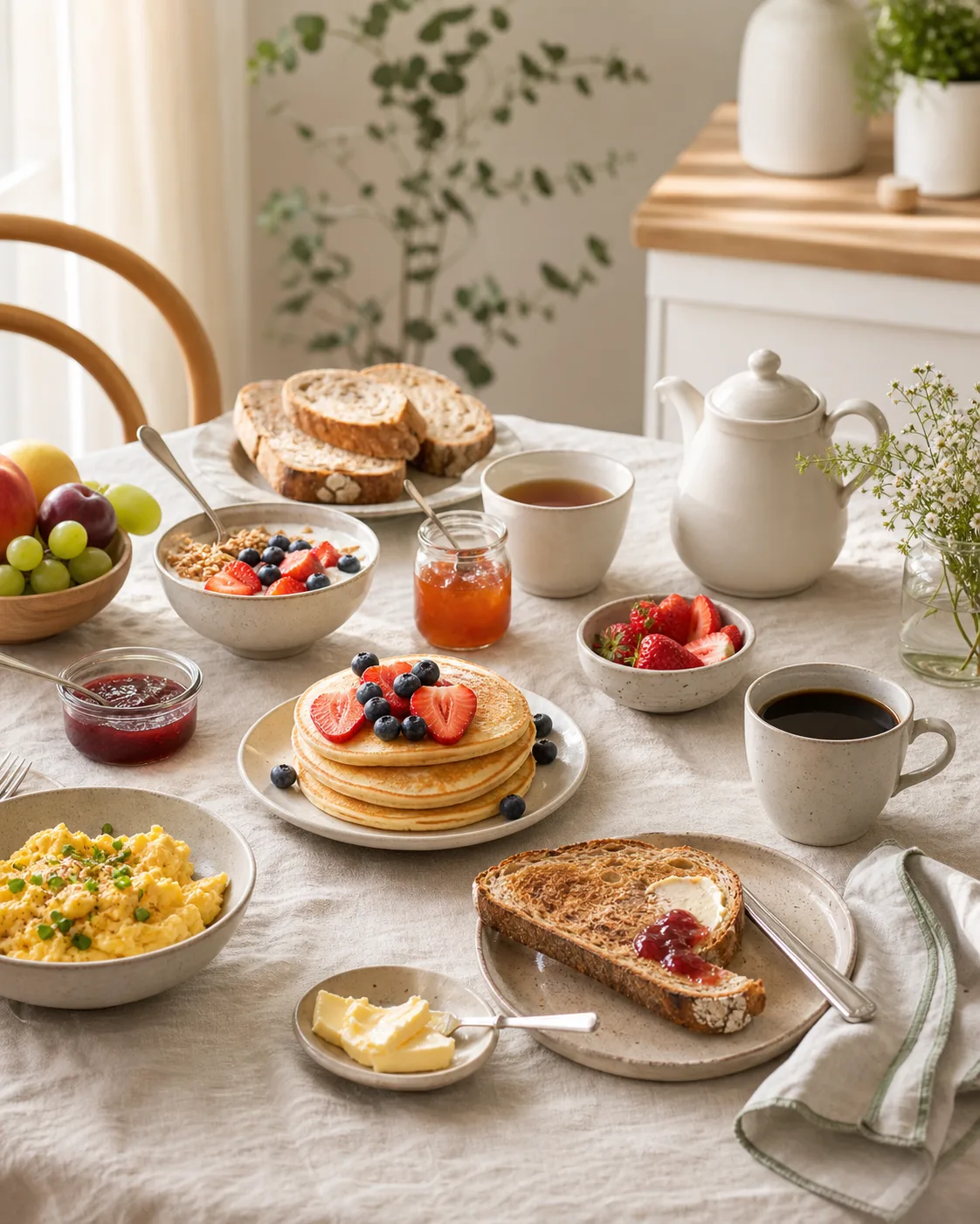 Table de brunch maison avec pancakes, œufs brouillés, pain grillé, fruits, café et thé pour un dimanche simple
