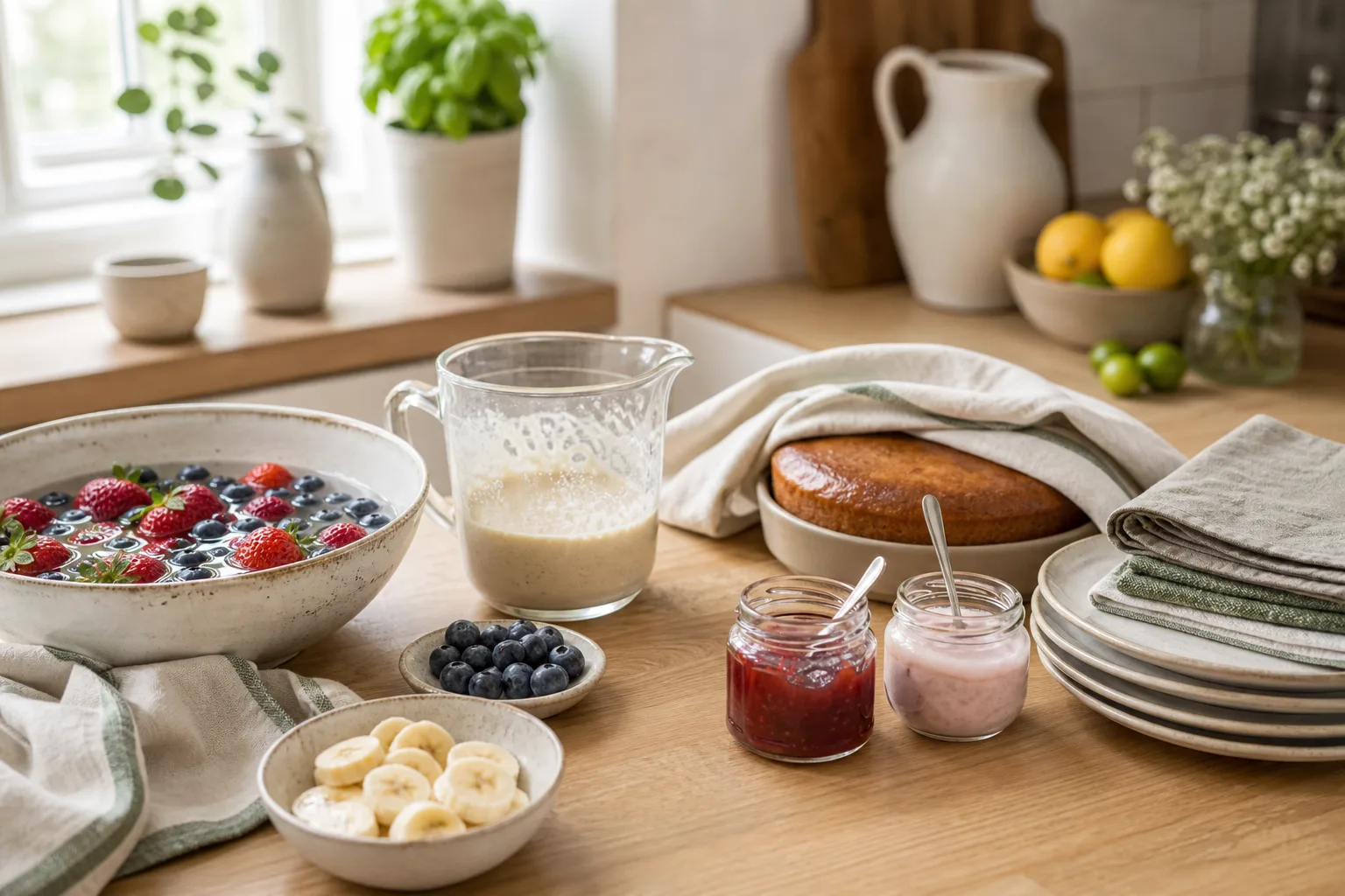 Plan de travail préparé la veille avec fruits, pâte à pancakes, gâteau, confiture et assiettes pour un brunch maison