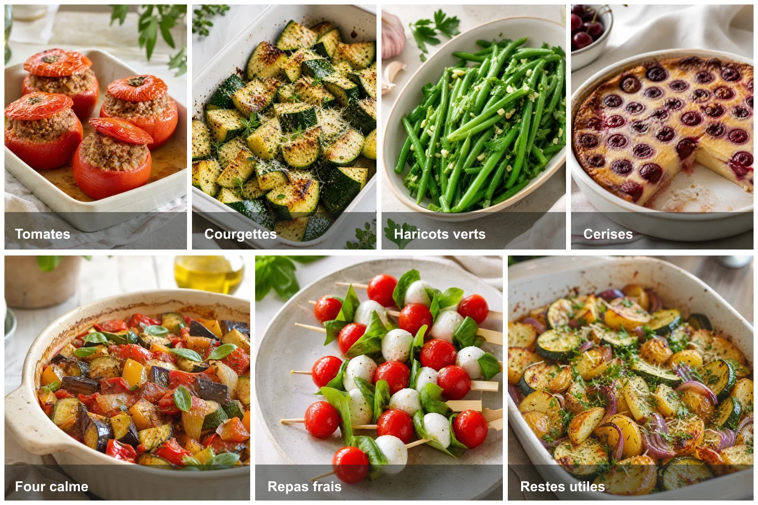 Collage de repas de saison avec tomates, courgettes, haricots verts, cerises, ratatouille et assiette froide