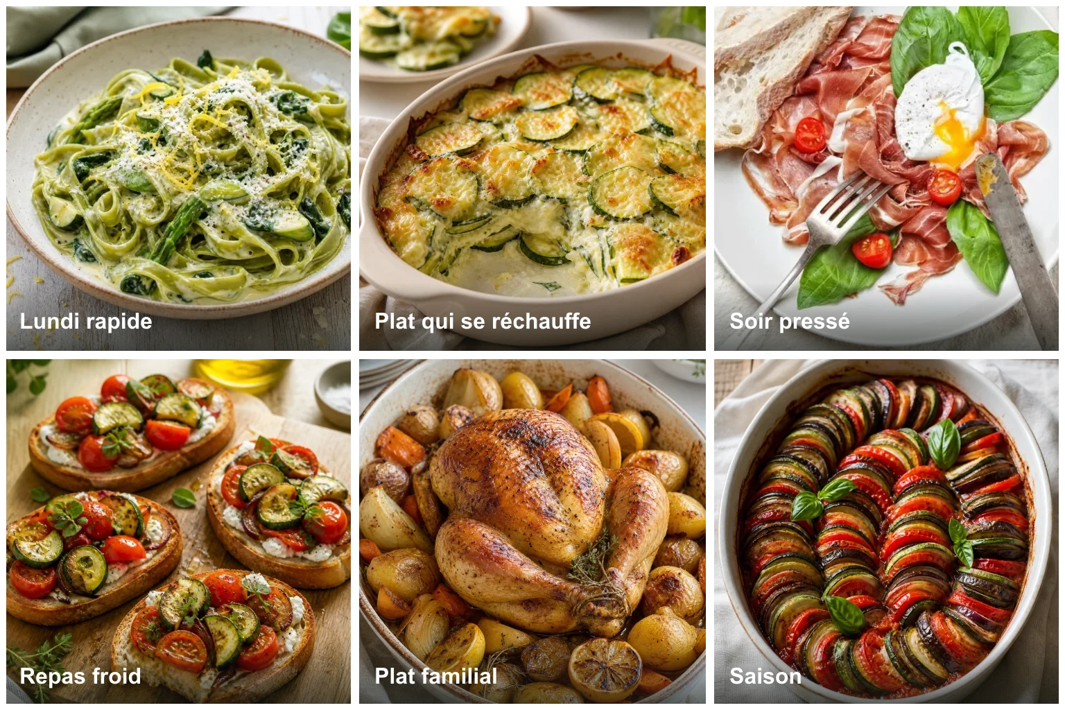 Collage de repas simples pour construire un menu de la semaine avec pâtes, œufs, tartines, poulet et légumes de saison