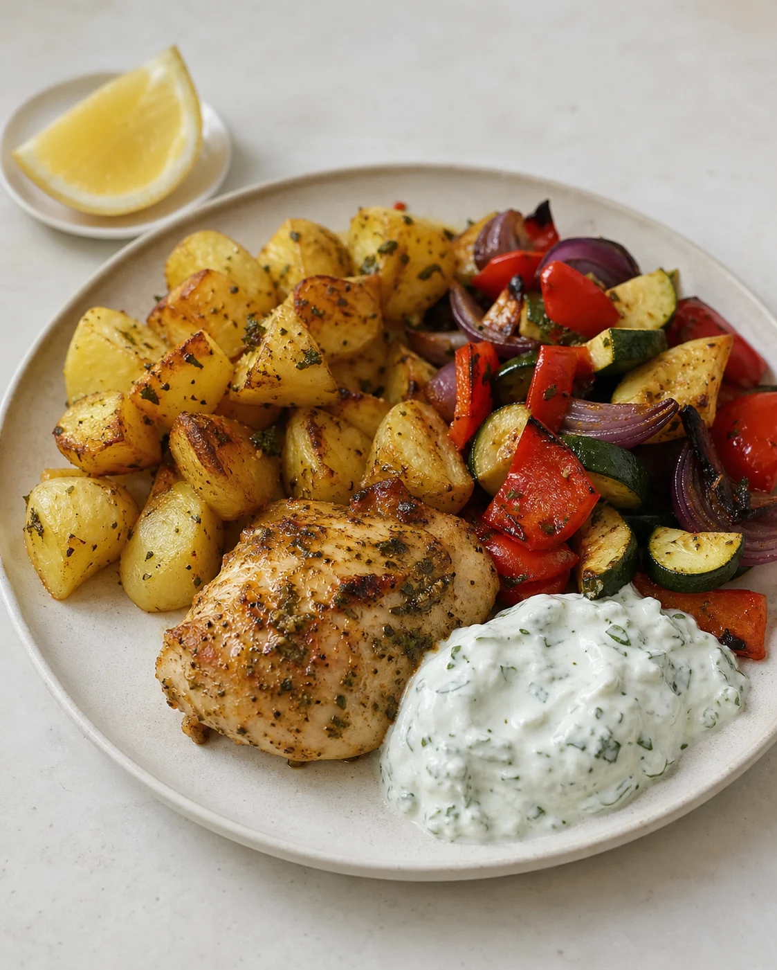 Assiette simple du soir avec base rassasiante, légumes rôtis, poulet et sauce yaourt aux herbes