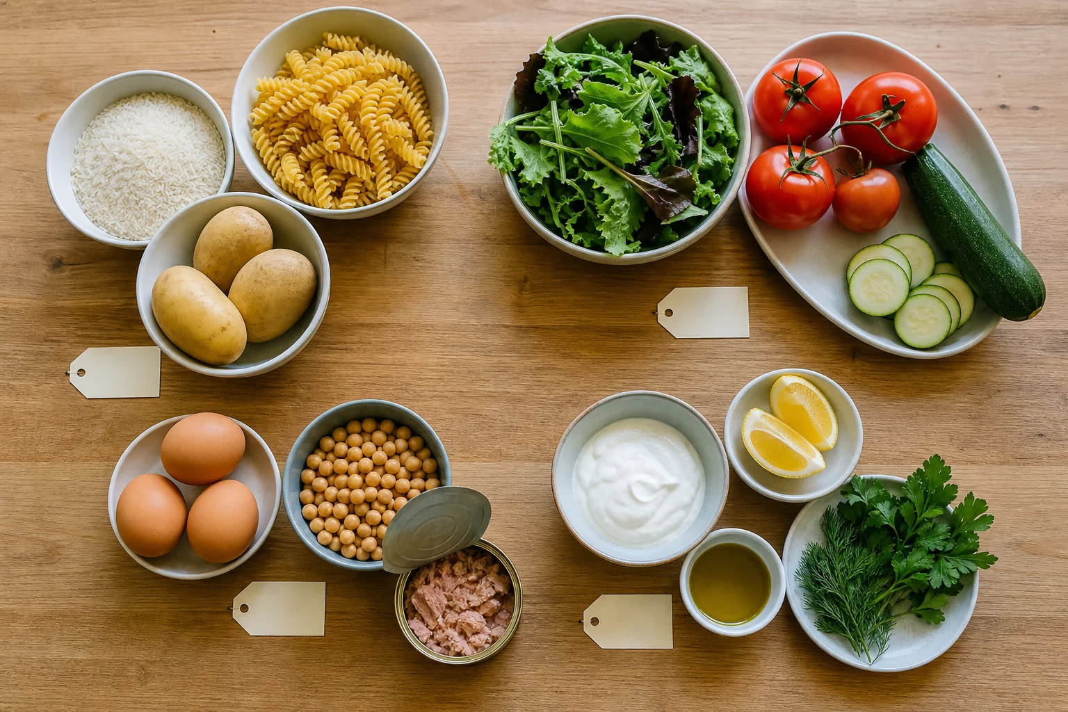 Ingrédients du frigo et du placard regroupés par bases, légumes, protéines et sauces pour préparer le dîner