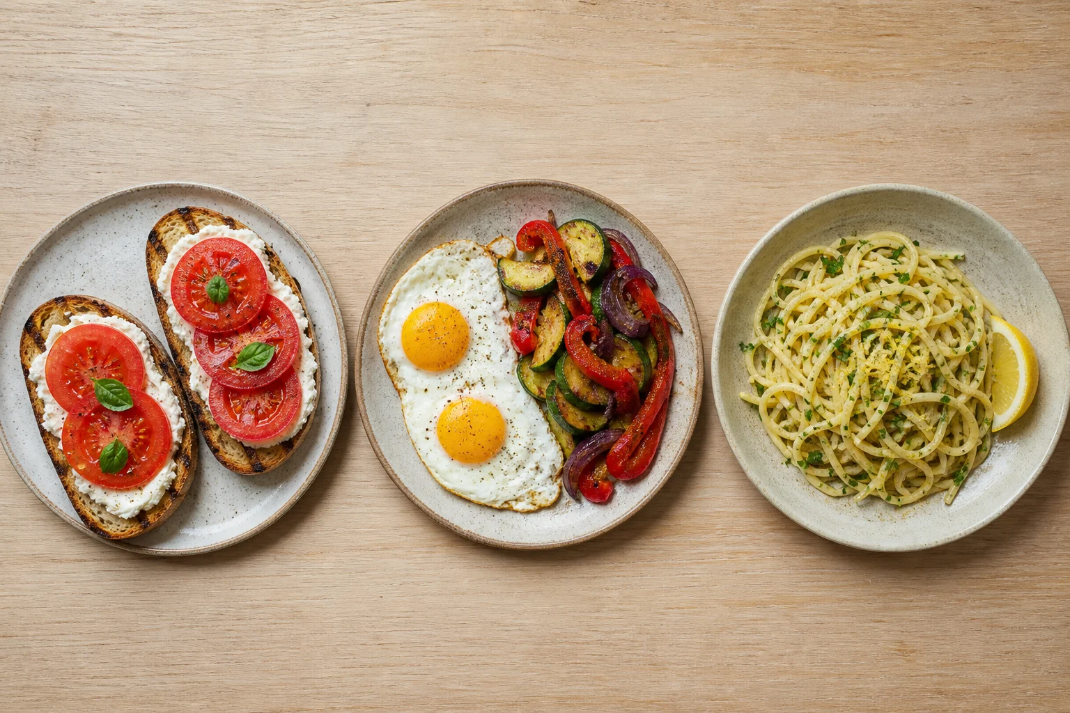 Trois idées de repas rapides avec tartines, œufs aux légumes et pâtes aux herbes