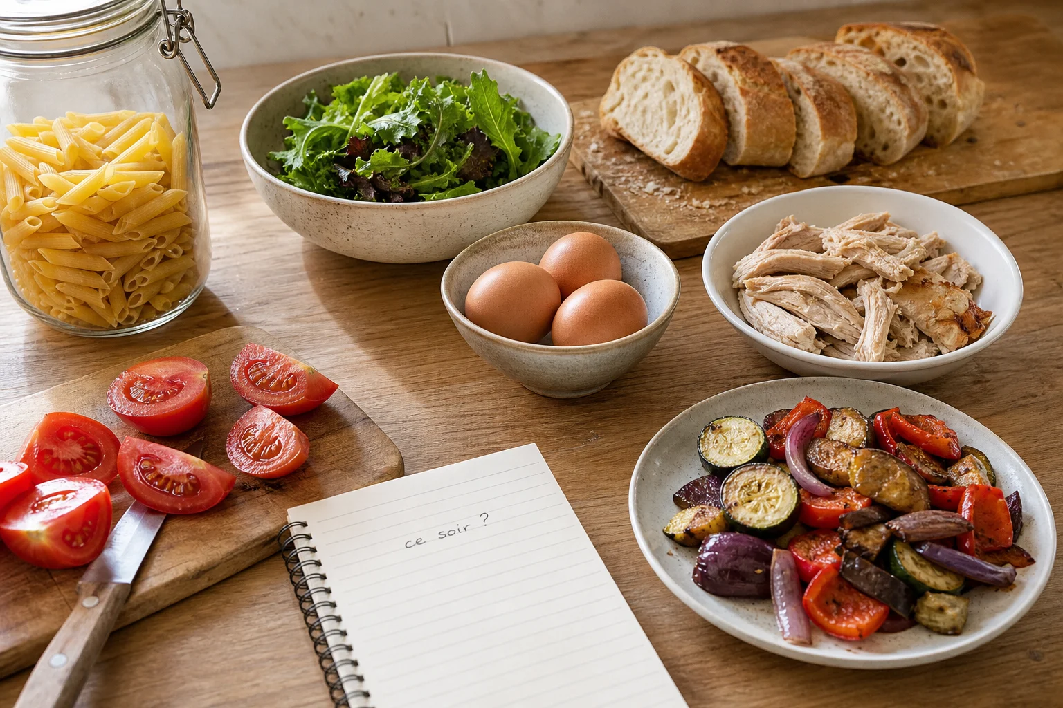 Plan de travail avec œufs, tomates, pâtes, salade et pain pour choisir un repas simple du soir
