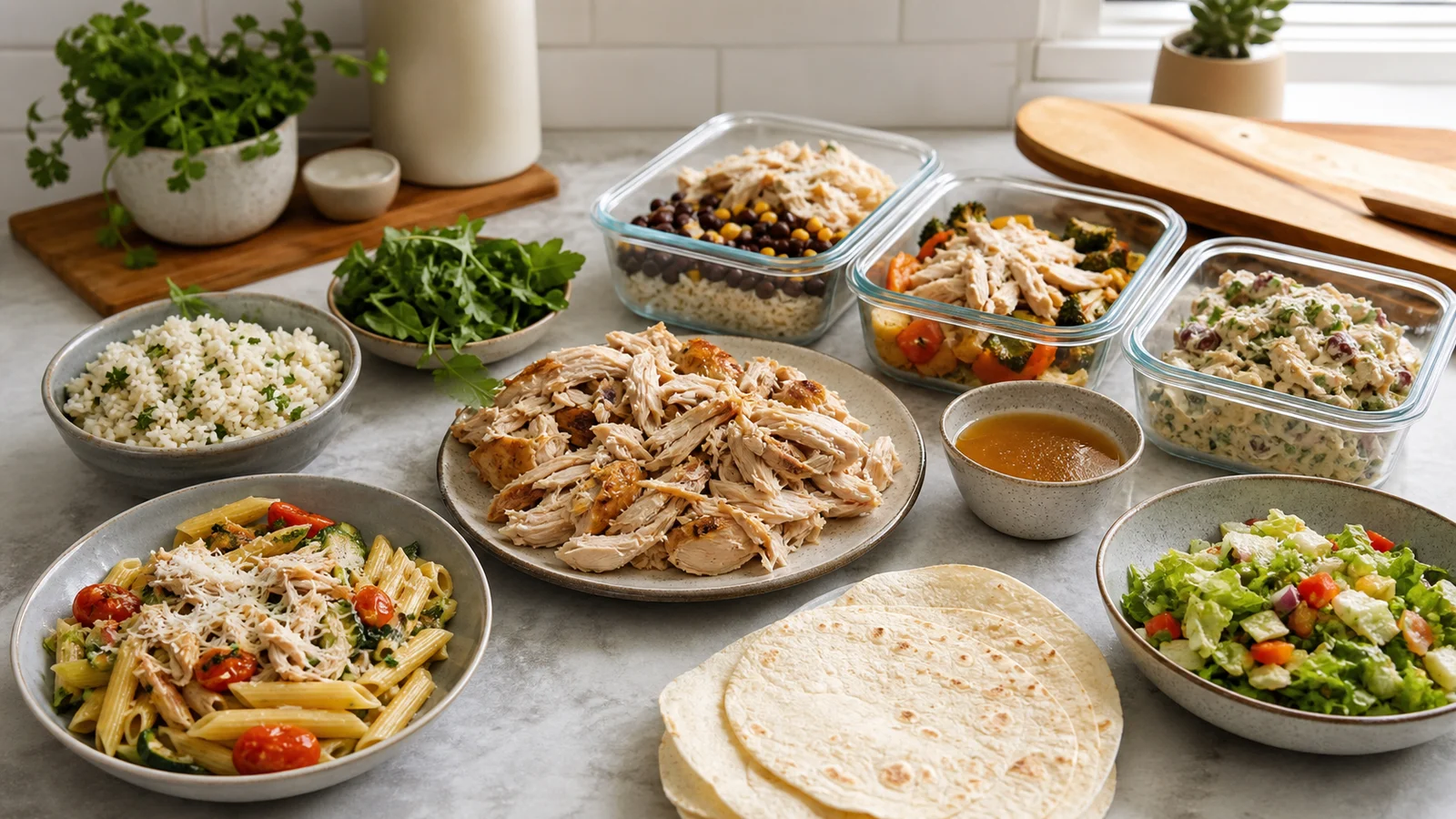Restes de poulet rôti effiloché avec riz, salade, tortillas et boîtes de conservation pour préparer plusieurs repas