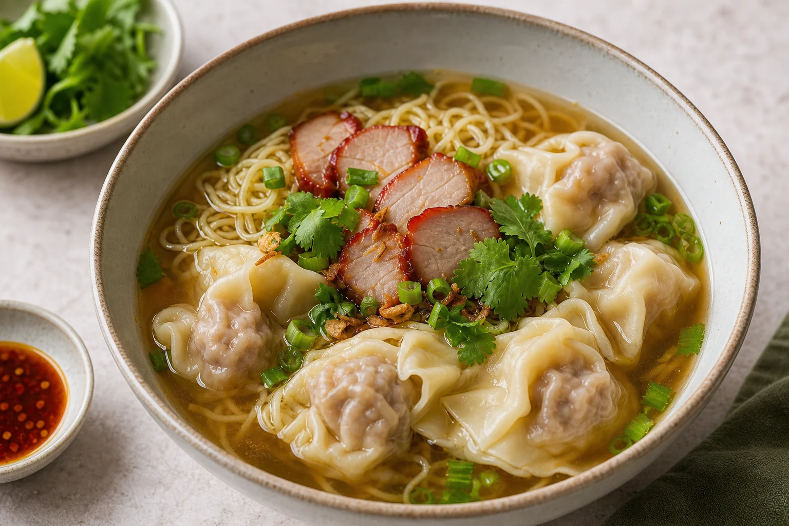 Soupe en bouillon avec raviolis type van tan, différente d’une soupe de riz tsock.