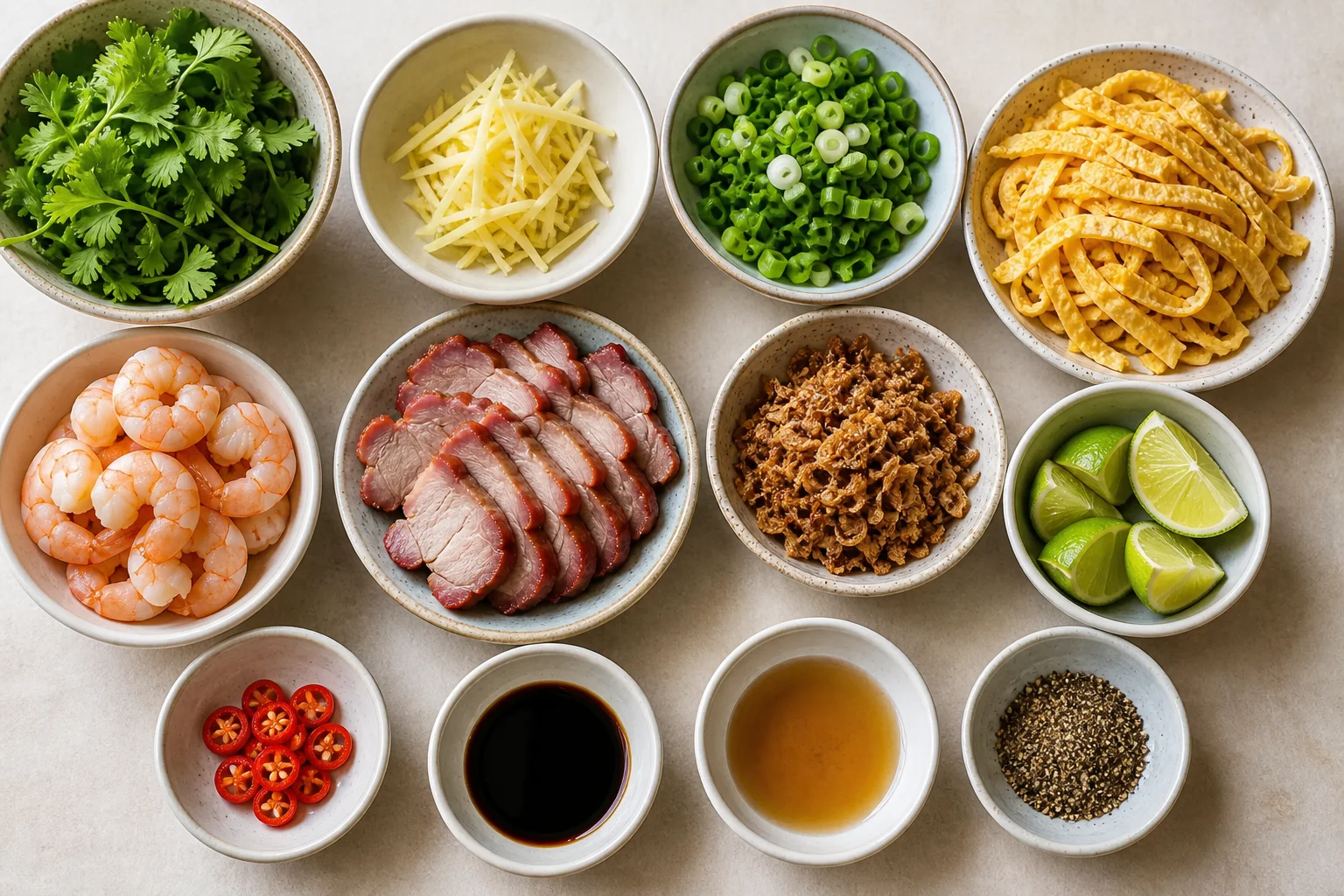 Garnitures possibles pour une soupe de riz tsock, avec coriandre, omelette, tsar siu, gingembre et ciboule.
