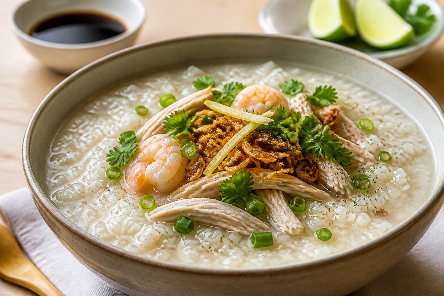 Bol de soupe de riz type tsock, garni de poulet, ciboule, coriandre et gingembre