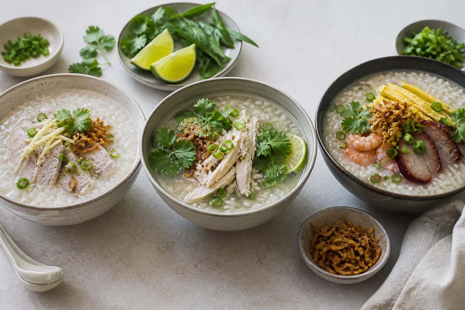Trois bols de soupes de riz inspirées du jook cantonais, du cháo vietnamien et du tsock malgache.