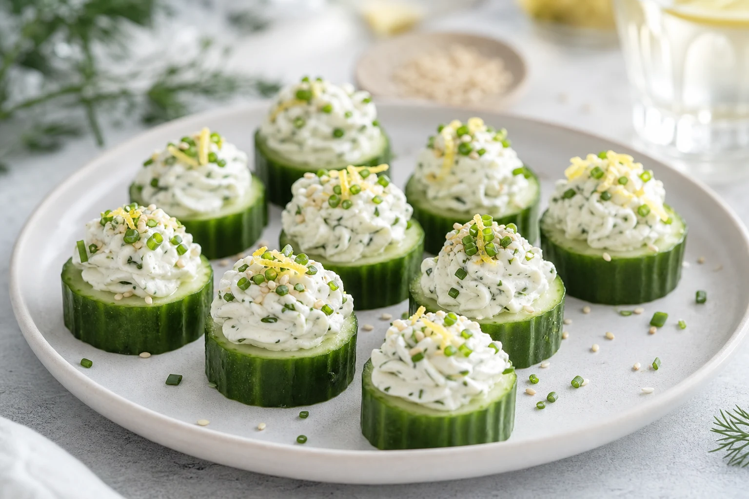 Bouchées de concombre garnies de fromage frais aux herbes sur grande assiette claire