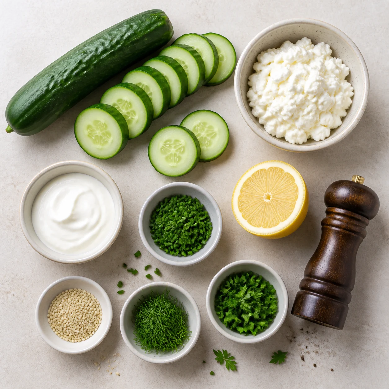 Ingrédients pour bouchées concombre fromage frais avec concombre, fromage frais, yaourt épais, citron, herbes et sésame sur plan de travail clair