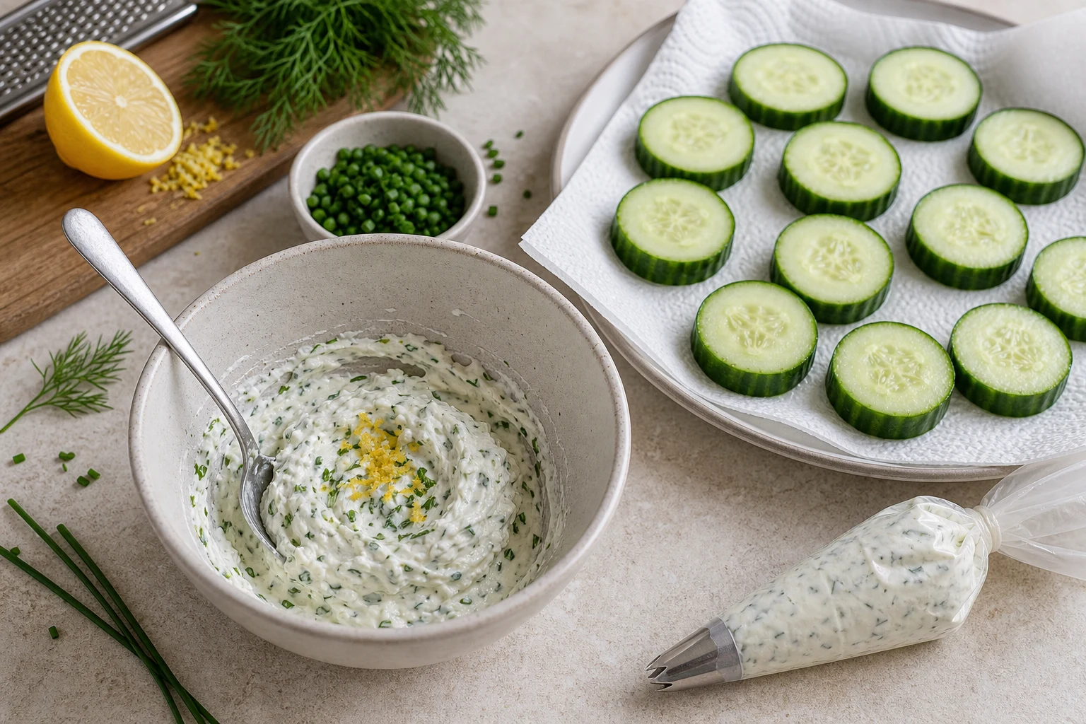 Préparation des bouchées concombre fromage frais avec garniture aux herbes dans un bol et rondelles de concombre épongées