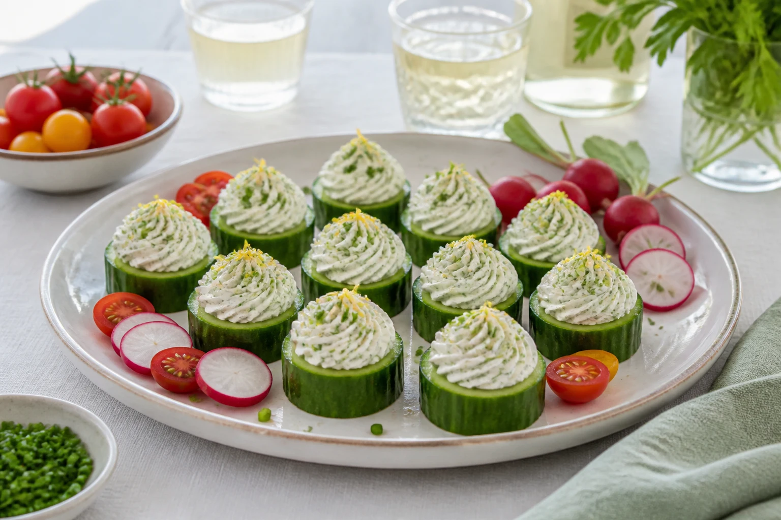 Plateau de bouchées concombre fromage frais servi à l’apéritif avec radis et tomates cerises
