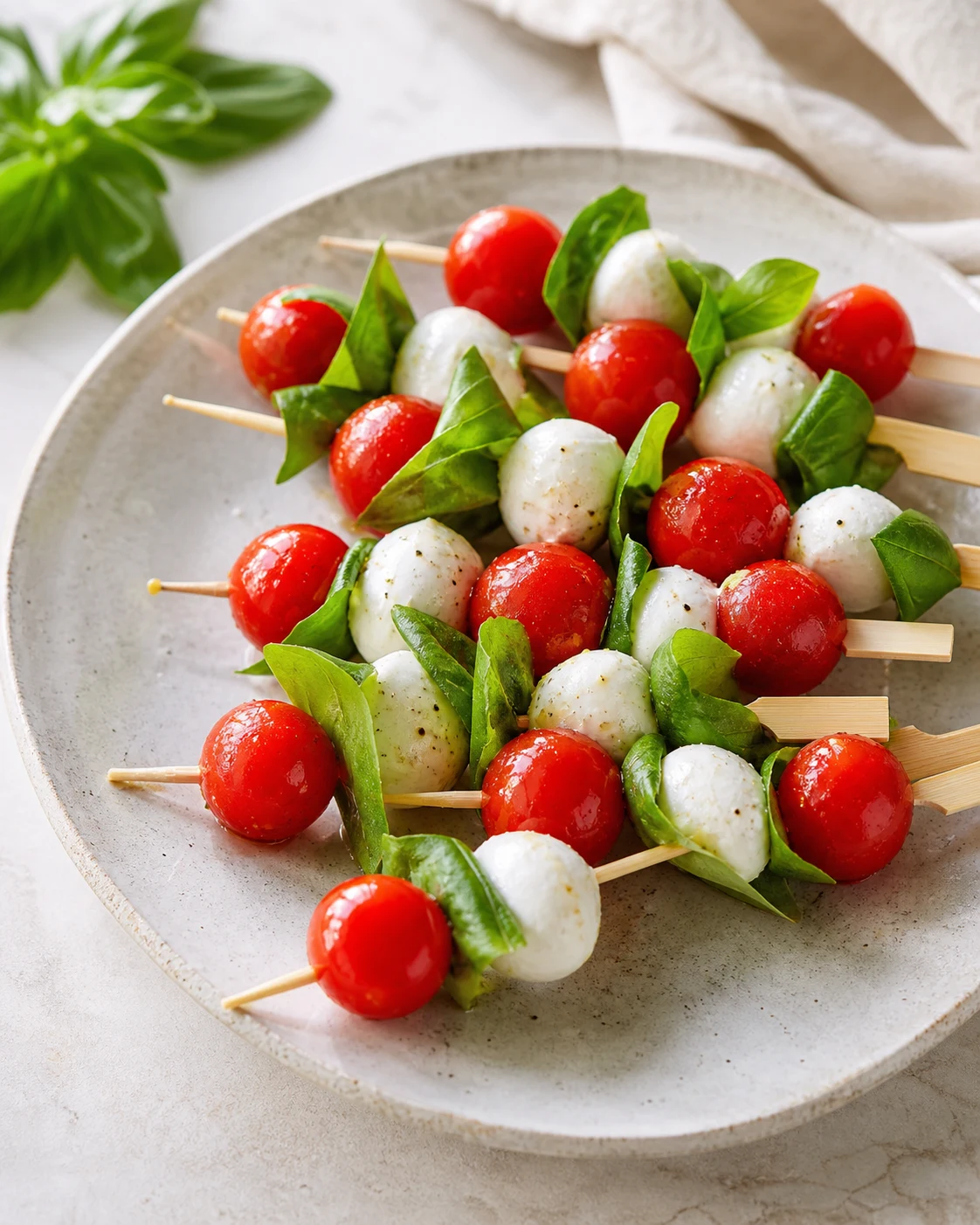 Brochettes tomate mozzarella au basilic sur plateau clair avec filet d’huile d’olive et touche de crème balsamique