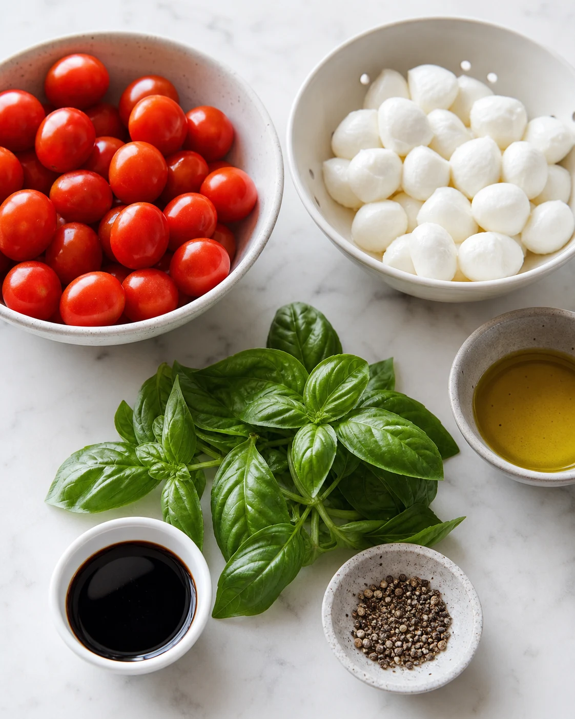 Ingrédients pour brochettes tomate mozzarella avec tomates cerises, mini mozzarella, basilic frais, huile d’olive et crème balsamique sur plan de travail clair