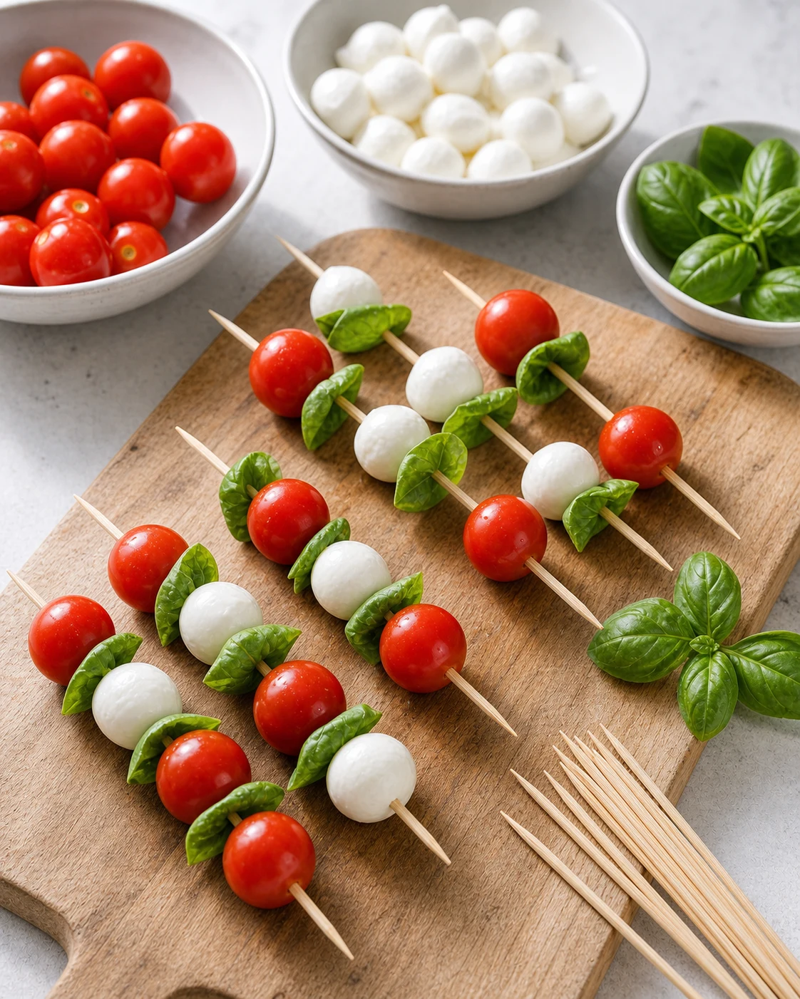 Montage de brochettes tomate mozzarella avec tomates cerises, billes de mozzarella égouttées et basilic replié sur petits piques en bois