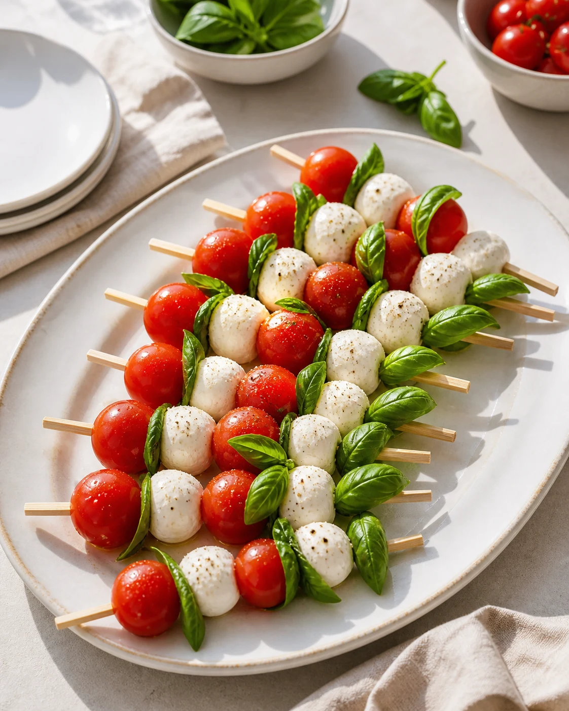 Brochettes tomate mozzarella servies à l’apéritif sur grand plat clair avec basilic visible et assaisonnement léger