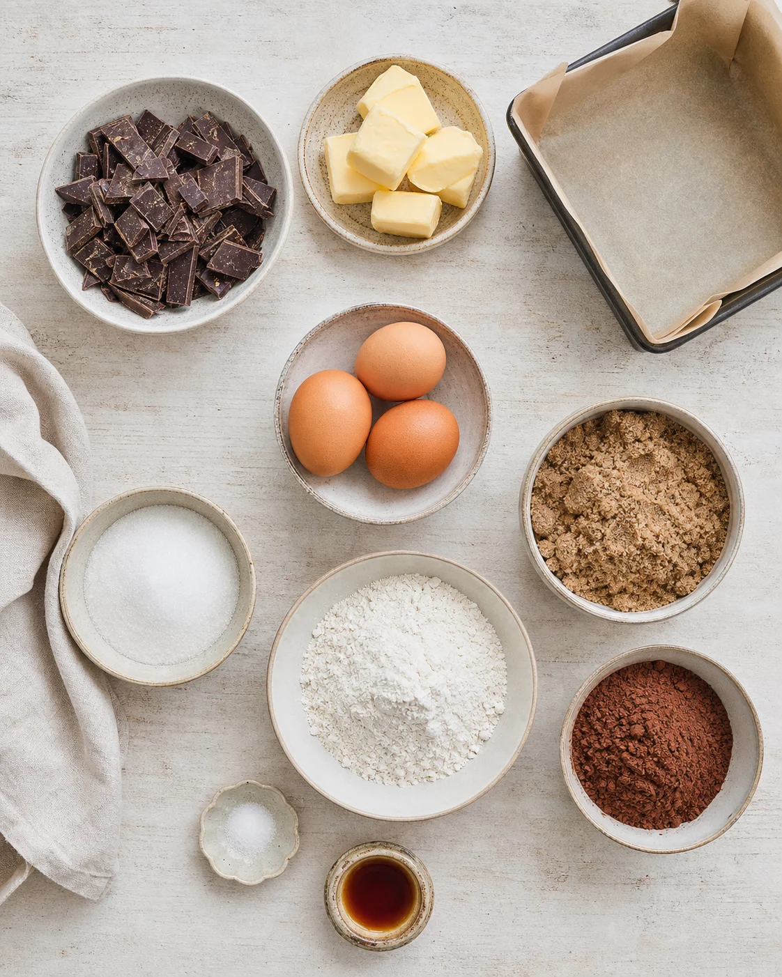 Ingrédients du brownie au chocolat avec chocolat noir, beurre, œufs, cassonade, sucre, farine et cacao sur plan de travail clair