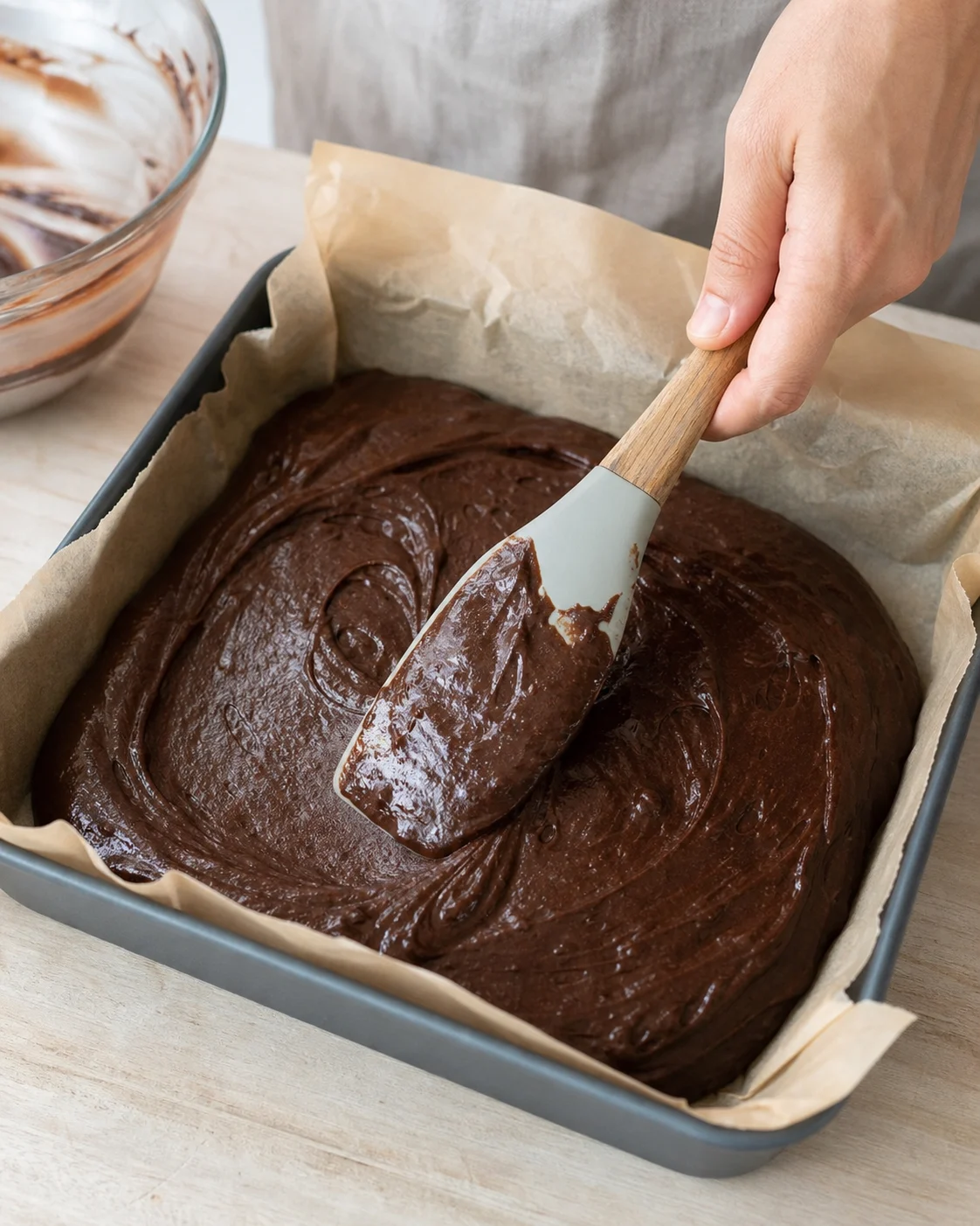 Pâte à brownie épaisse et brillante étalée dans un moule carré chemisé avant cuisson