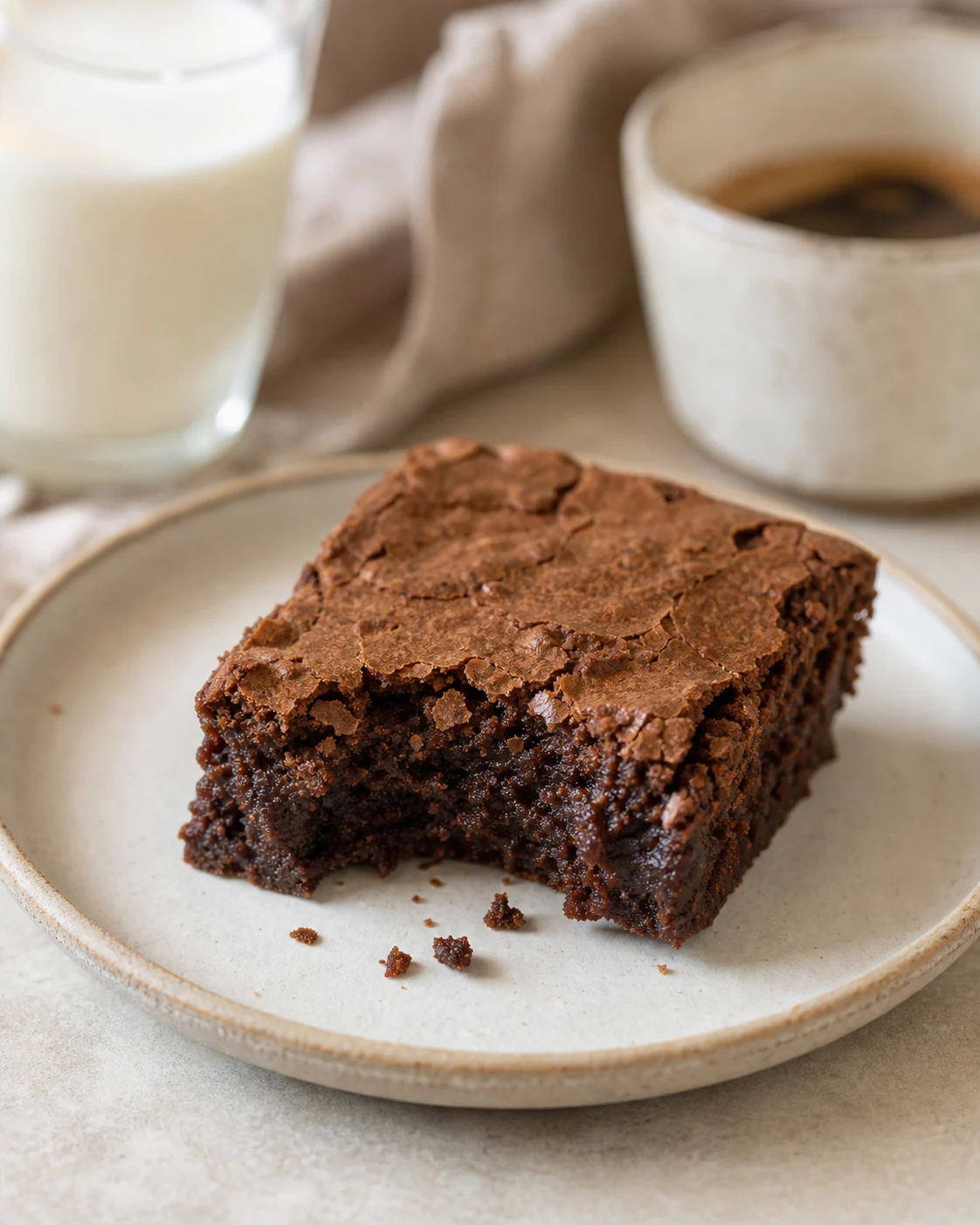 Carré de brownie au chocolat servi sur petite assiette avec mie dense et fondante bien visible