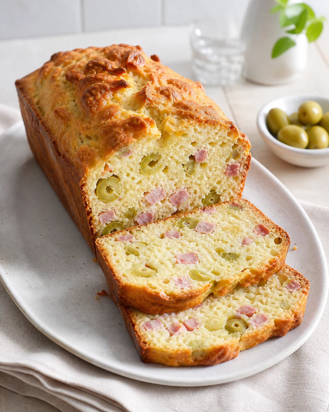 Cake salé jambon olives bien doré, coupé en tranches épaisses avec olives visibles dans la mie sur plat clair