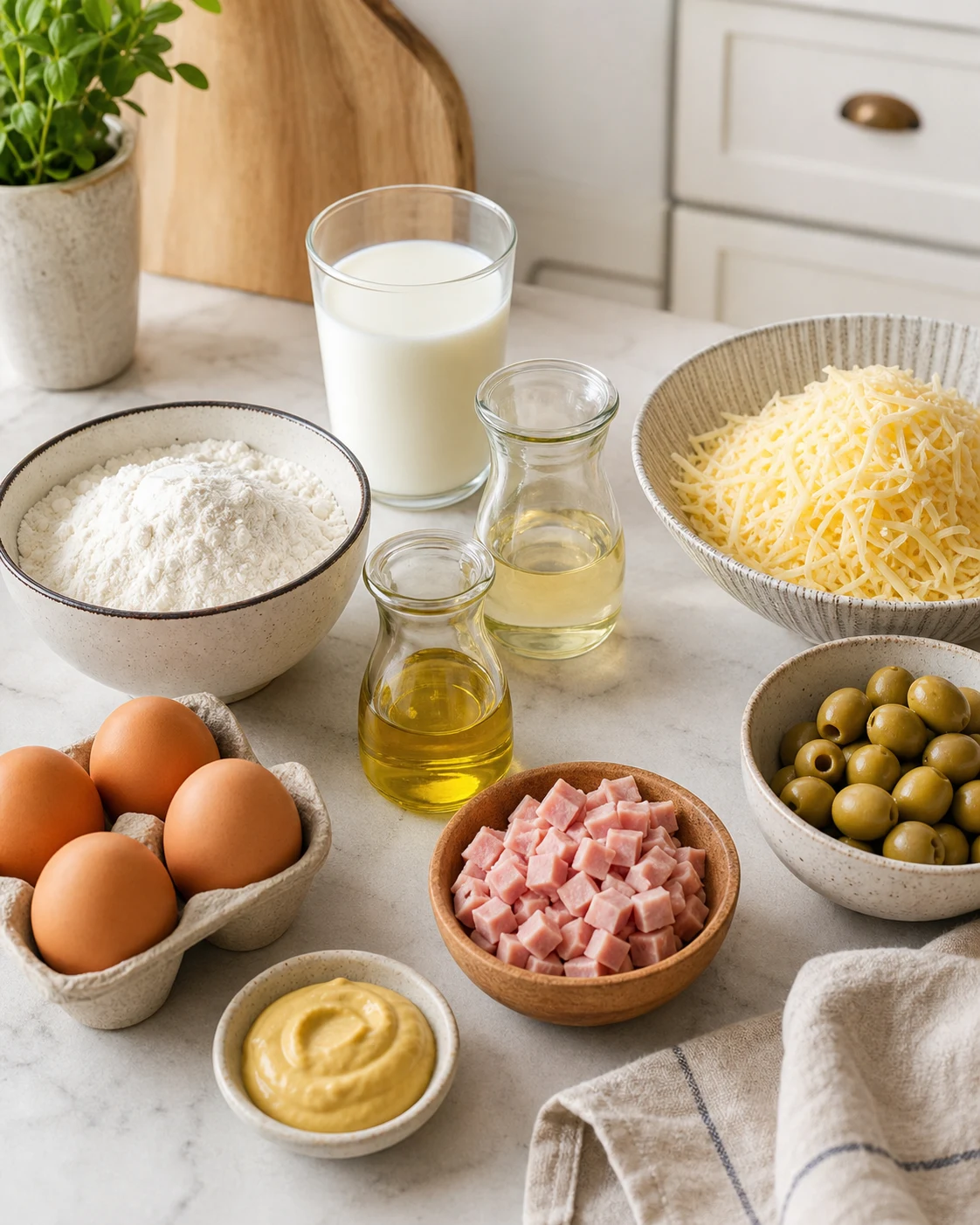 Ingrédients pour cake salé jambon olives avec œufs, farine, lait, huiles, jambon, olives vertes et fromage râpé sur plan de travail clair