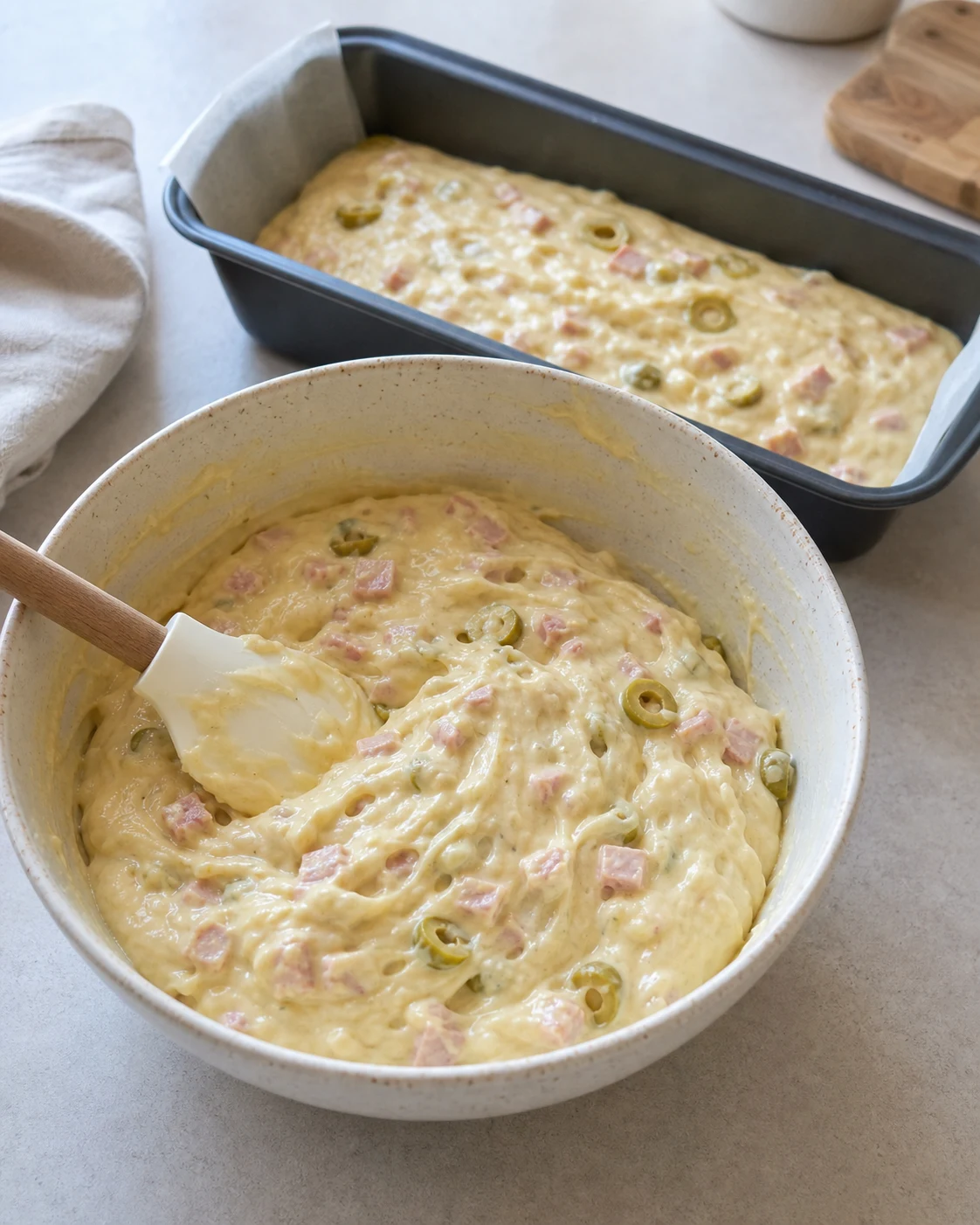Préparation d’un cake salé jambon olives avec pâte épaisse dans un saladier et moule garni juste avant cuisson