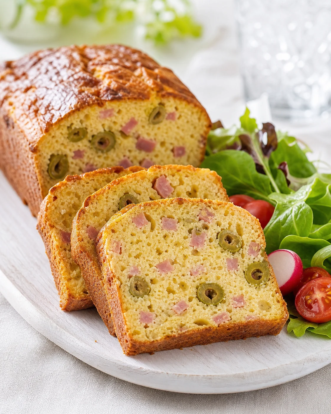 Tranches de cake salé jambon olives servies sur une planche claire avec petite salade et crudités d’apéritif
