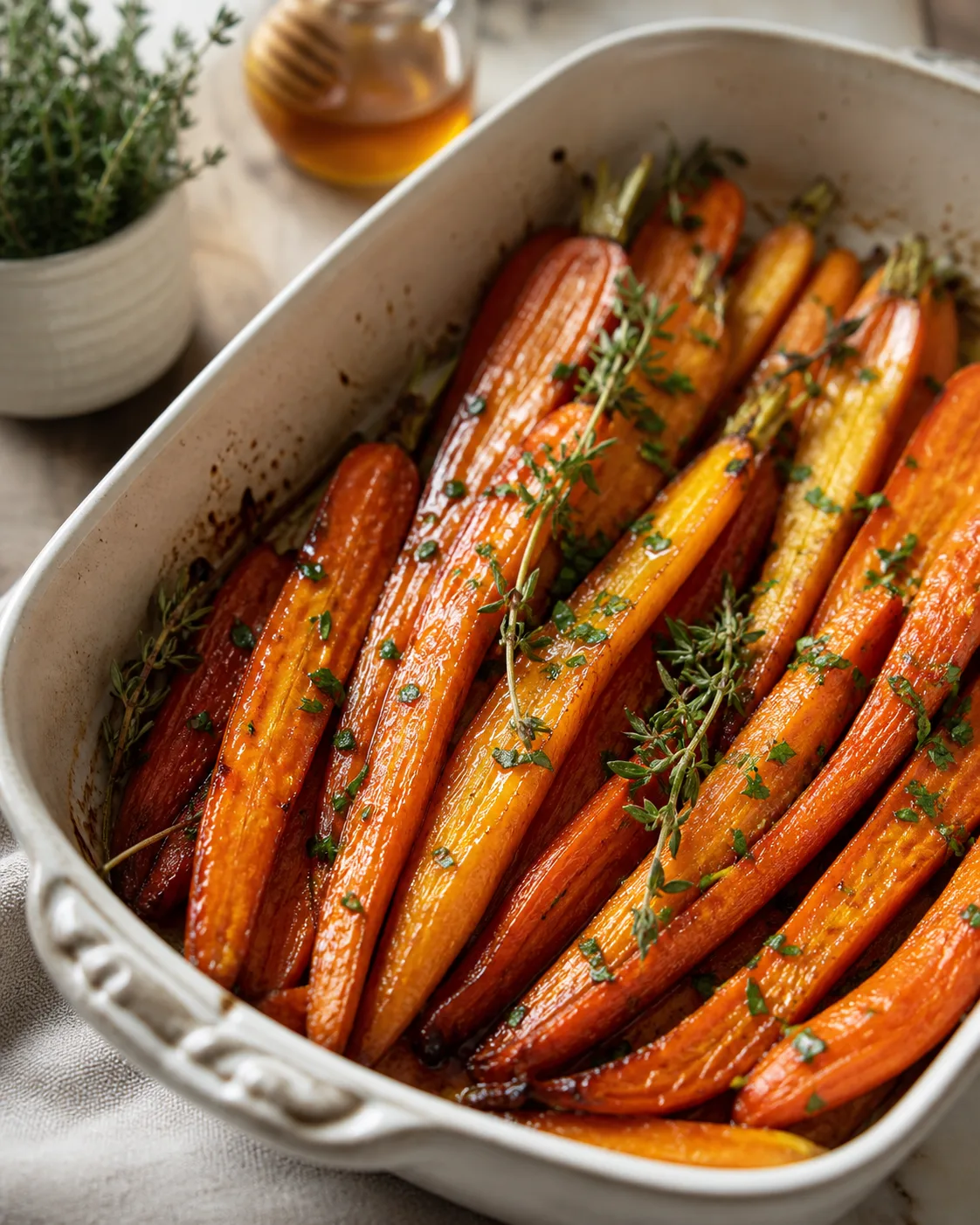 Carottes rôties au miel bien dorées dans un plat clair avec thym et persil frais