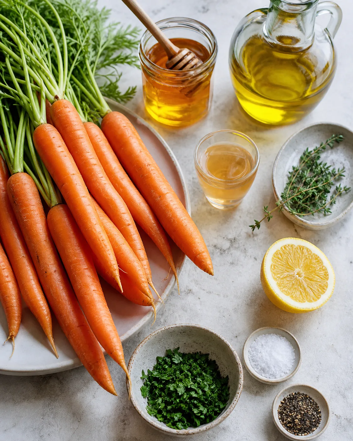 Ingrédients pour carottes rôties au miel avec carottes, miel, huile d’olive, thym, vinaigre de cidre, citron et persil