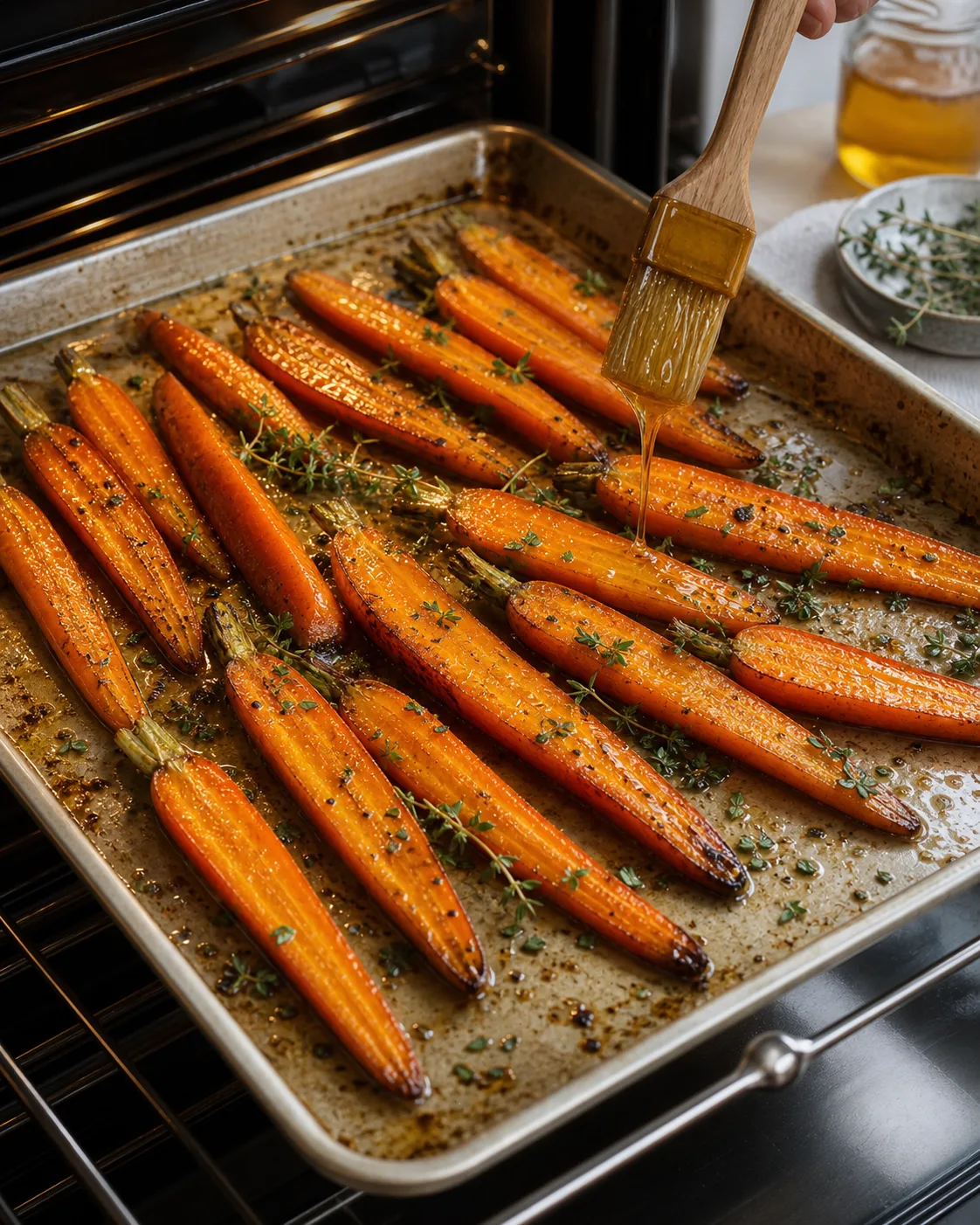 Carottes en une seule couche sur une plaque pendant l’ajout du glaçage au miel