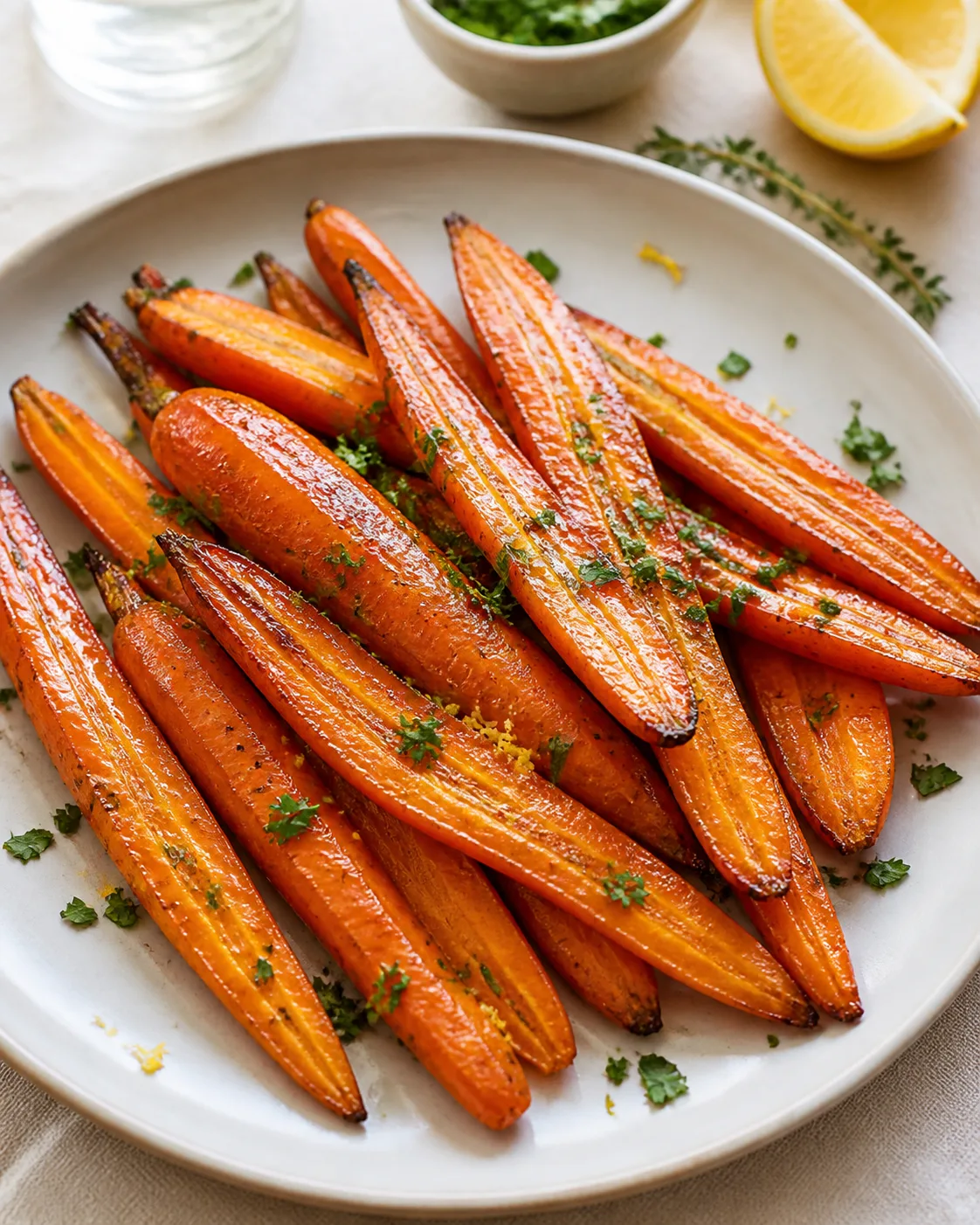 Portion de carottes rôties au miel servie dans une assiette claire avec herbes fraîches et citron