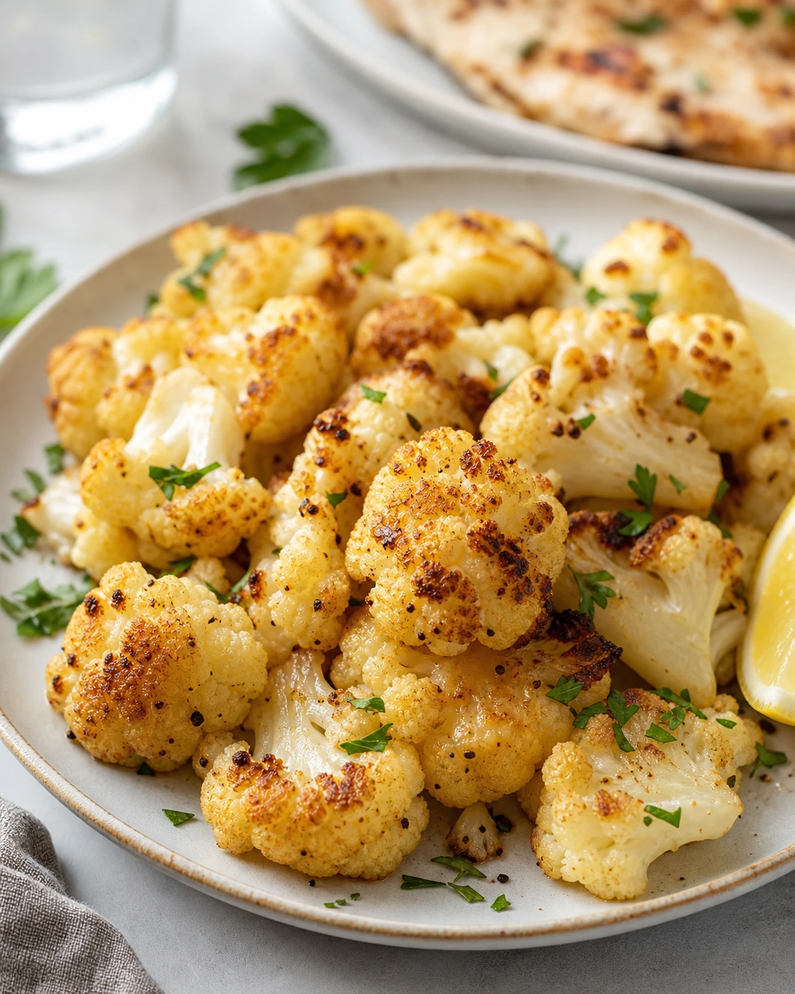 Fleurettes de chou-fleur rôties au four bien dorées dans un plat clair avec citron et persil