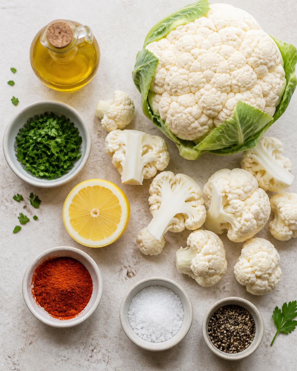 Ingrédients pour chou-fleur rôti au four avec chou-fleur, huile d’olive, paprika, citron, persil, sel et poivre
