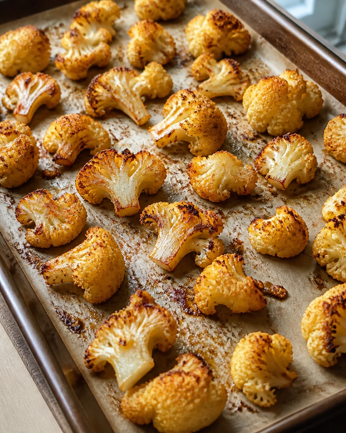 Fleurettes de chou-fleur espacées sur une plaque pendant la cuisson au four avec zones déjà dorées