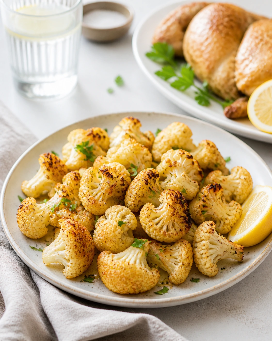 Portion de chou-fleur rôti au four servie dans une assiette claire avec citron et herbes fraîches