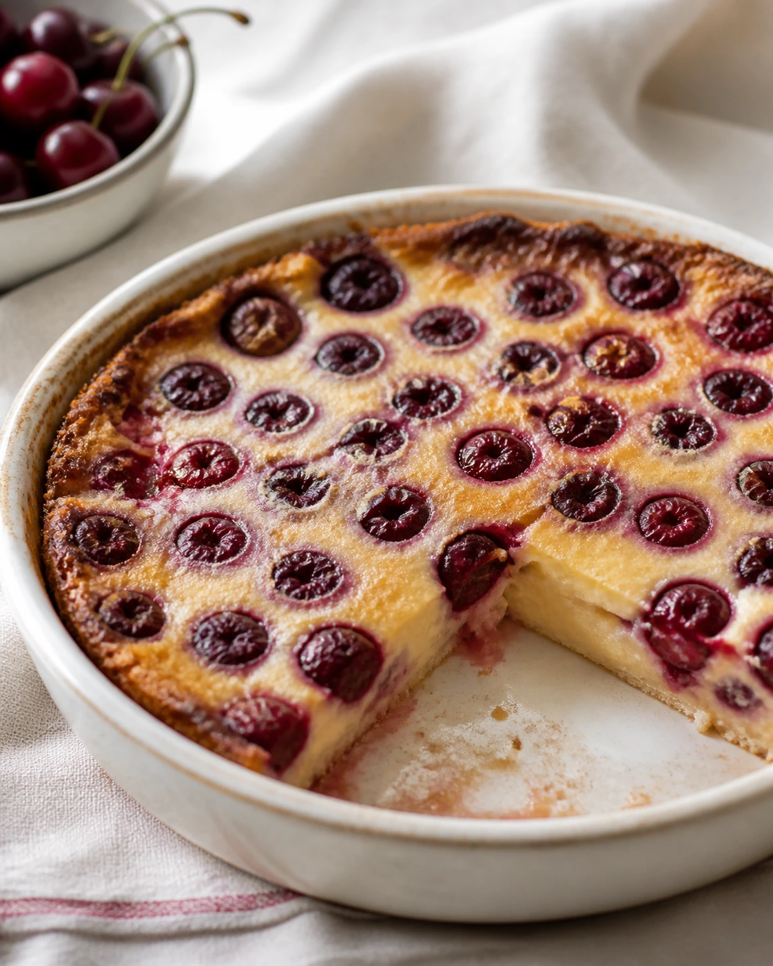 Clafoutis aux cerises dore dans son plat avec cerises visibles et centre encore souple