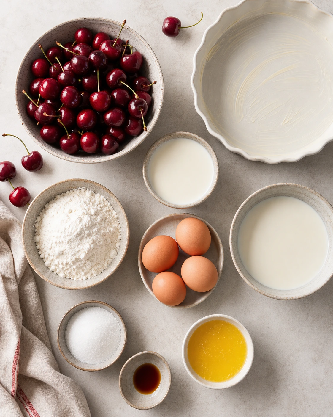 Ingredients du clafoutis aux cerises avec cerises fraiches, oeufs, farine, lait, creme, beurre et vanille sur plan de travail clair